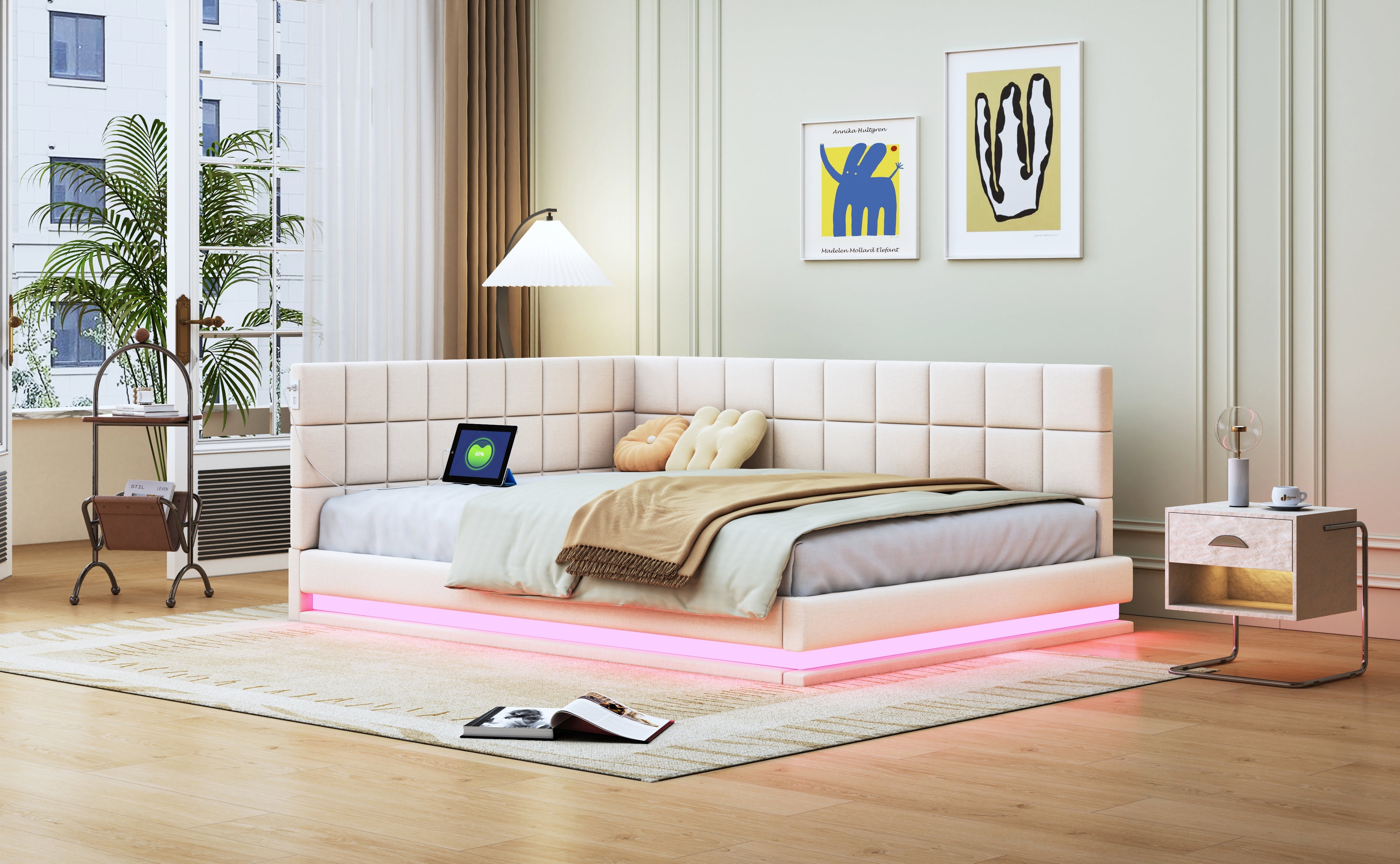 Logidon slaapbank gestoffeerd bed 140x200 beige met LED lichtstrip