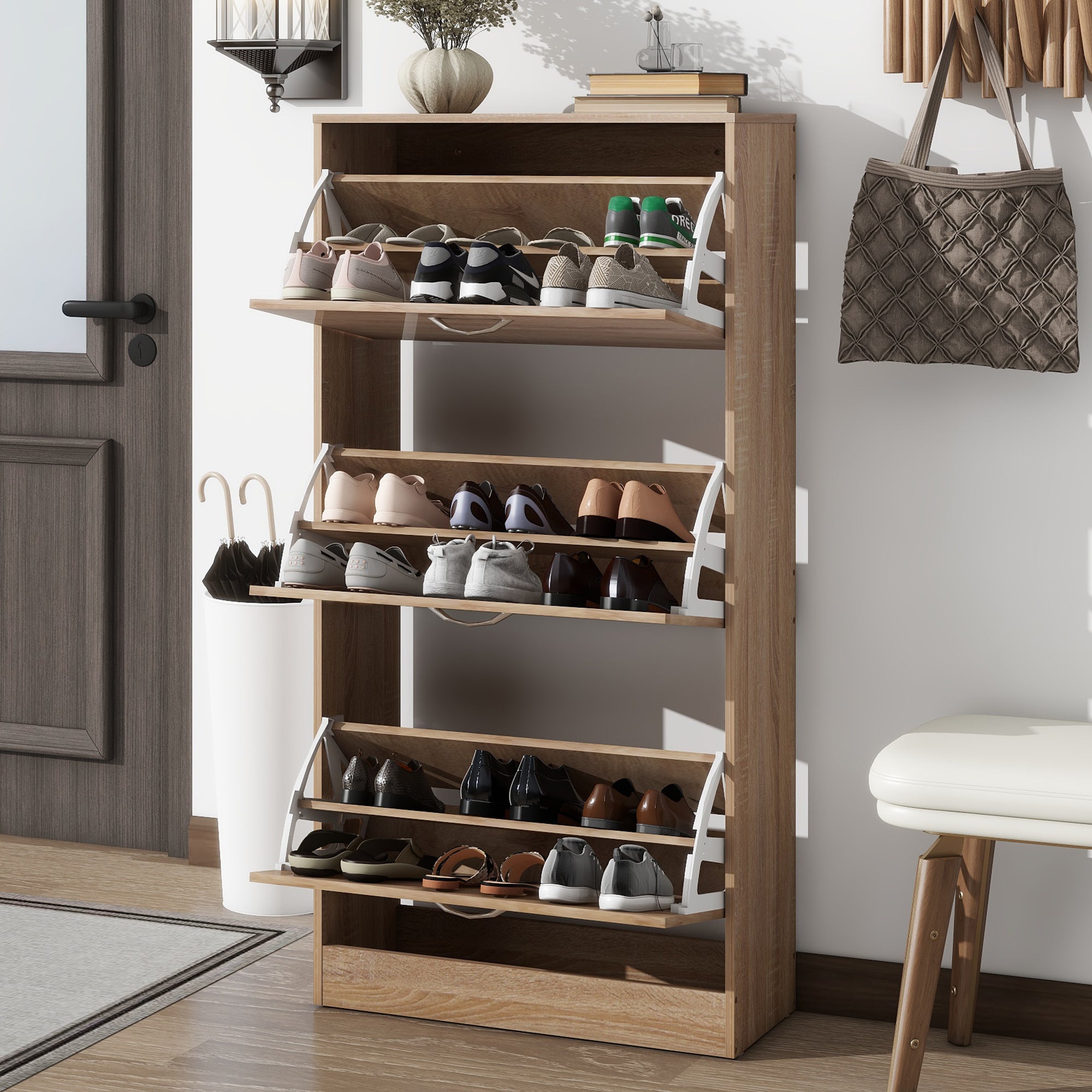 Logidon shoe cabinet oak 3 drawers wooden shoe rack entrance area