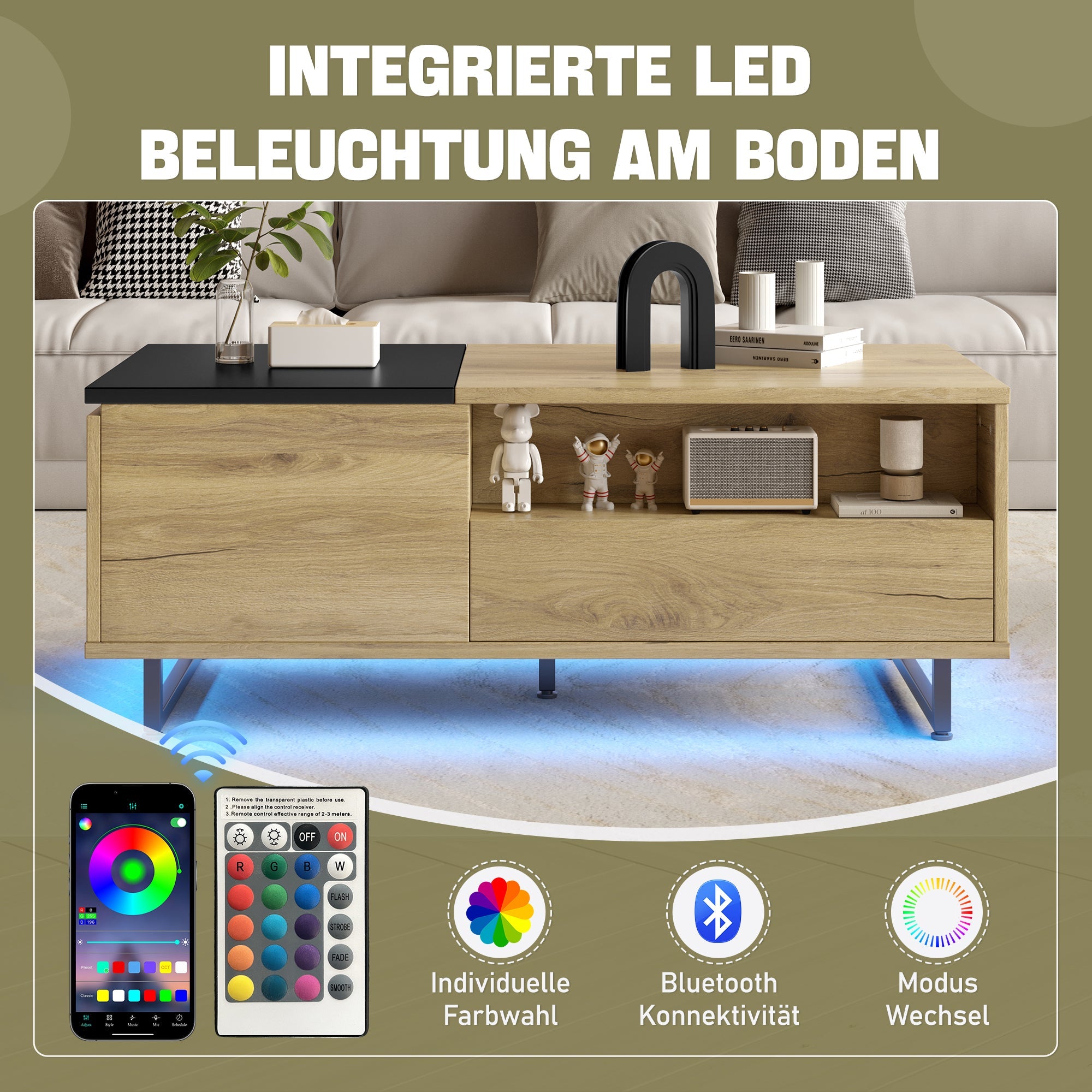 Logidon In hoogte verstelbare salontafel met LED-verlichting en opbergruimte