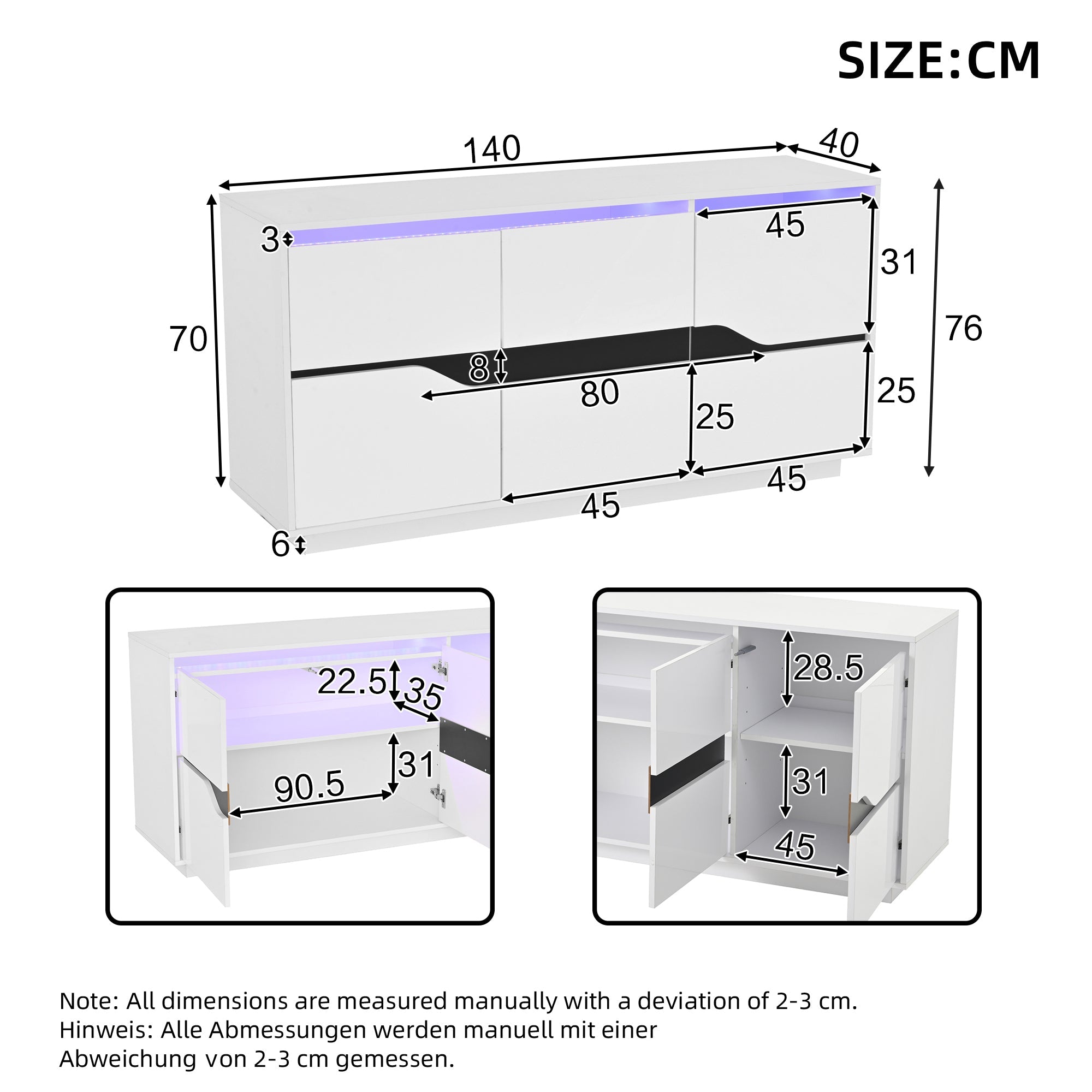 Logidon Dressoir 140x40x76 Cm Wit Zwart Met 3 Deurs LED
