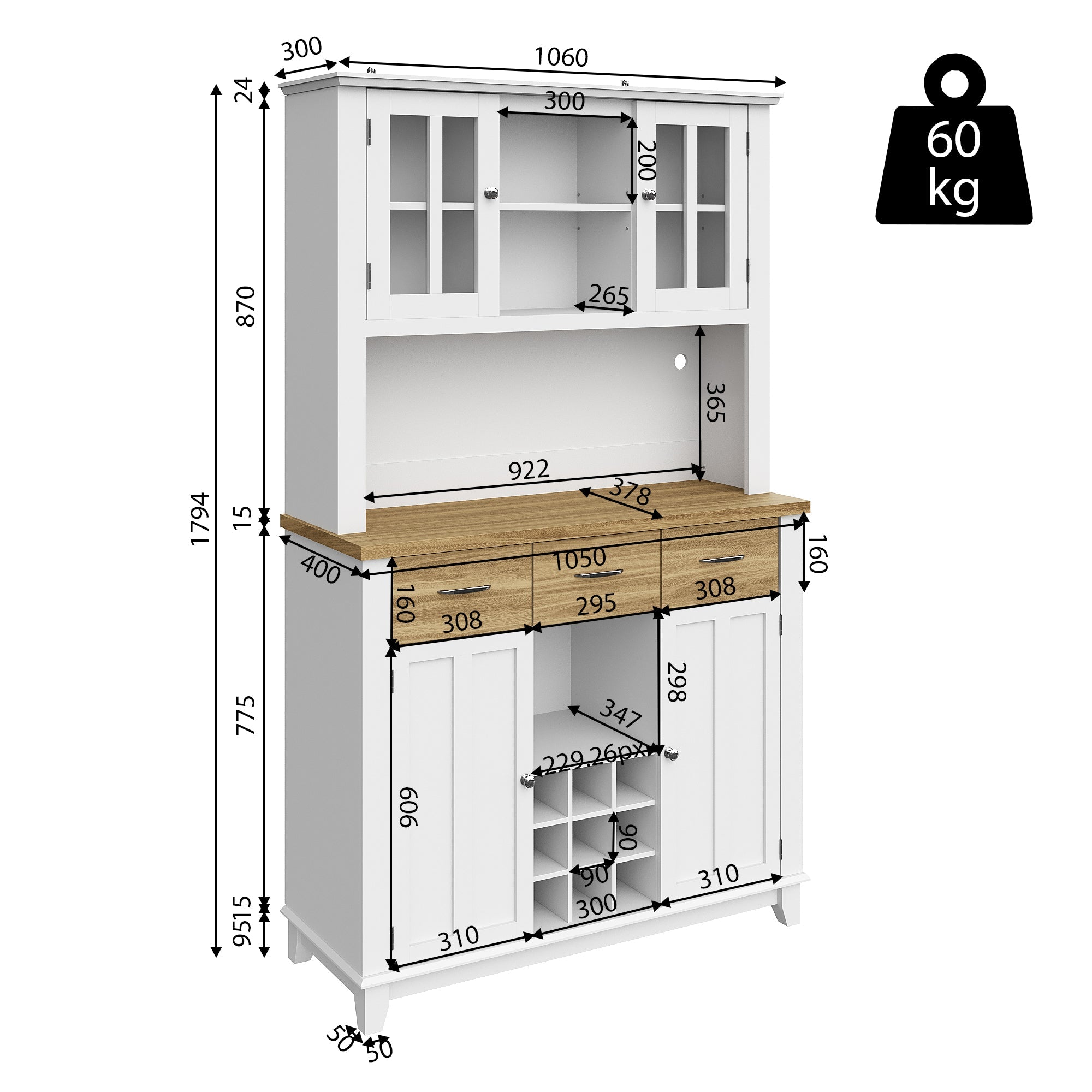 Logidon keukenkast vitrinekast 106x40x179cm met LED licht naturel wit