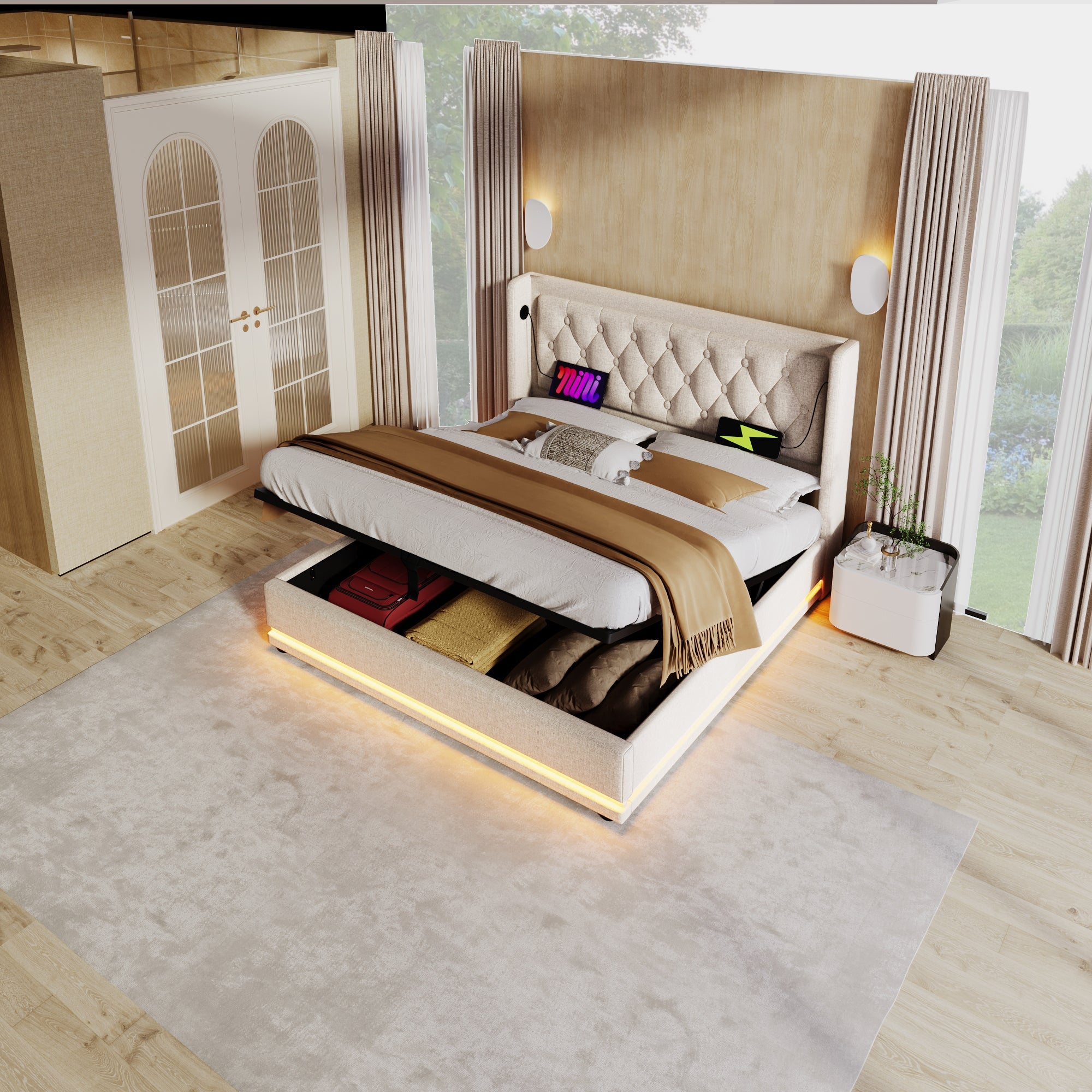 Logidon gestoffeerd bed 160x200 cm beige met USB Type C oplaadfunctie