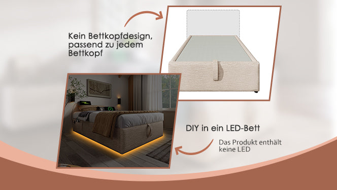 Logidon upholstered bed double bed 160x200 beige USB-C ports and storage space