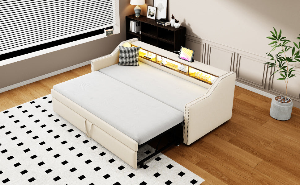 Logidon Upholstered Bed Extendable Sofa Bed 90/180 X 190 Beige Storage Compartment