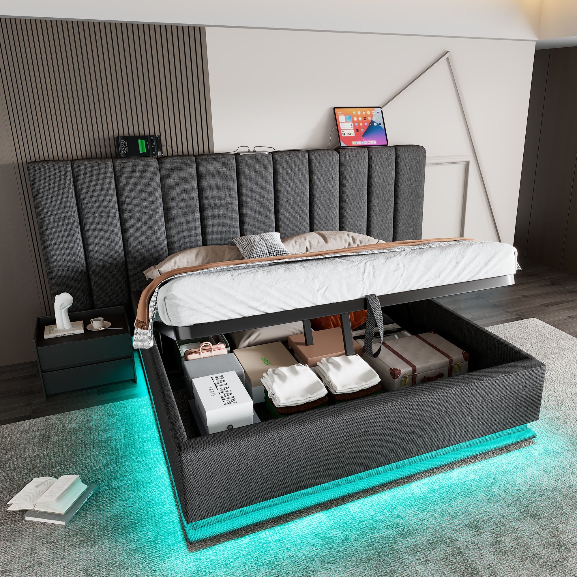 Logidon gestoffeerd bed 160x200 grijs met opbergruimte LED app bediening