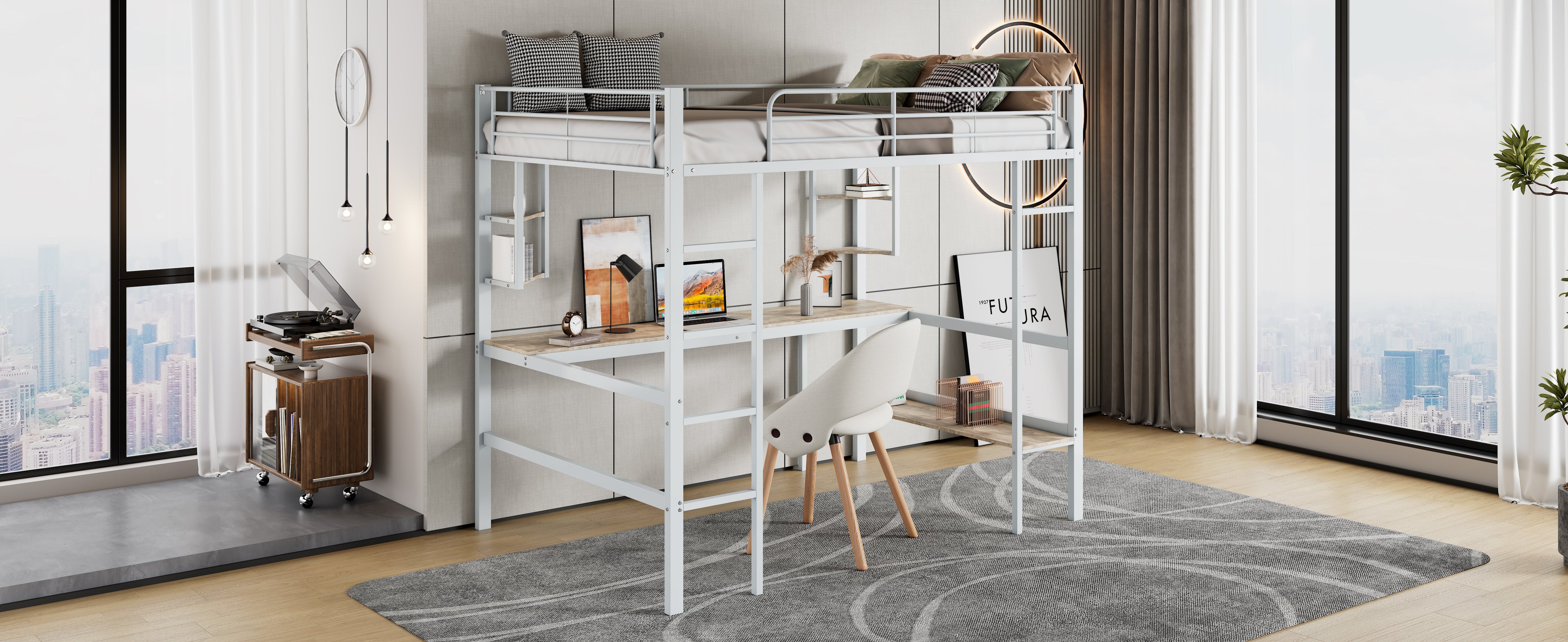 Logidon 90x200cm metal bed loft bed with desk and shelves white