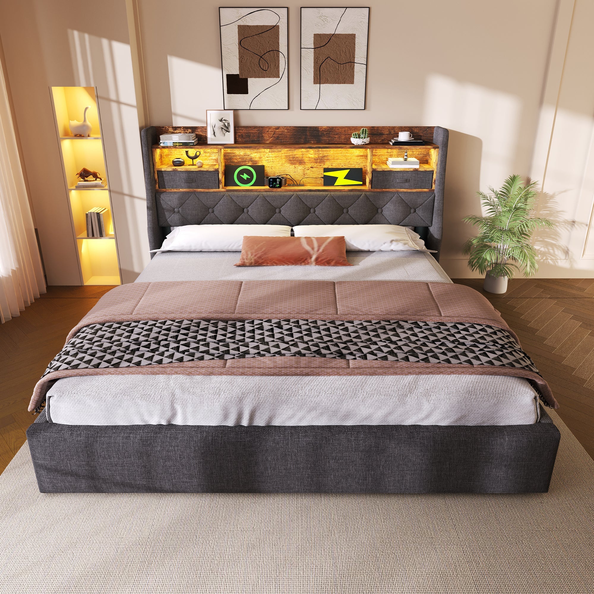 Logidon gestoffeerd bed 160x200 cm met opbergruimte, LED-hoofdbord, USB-C