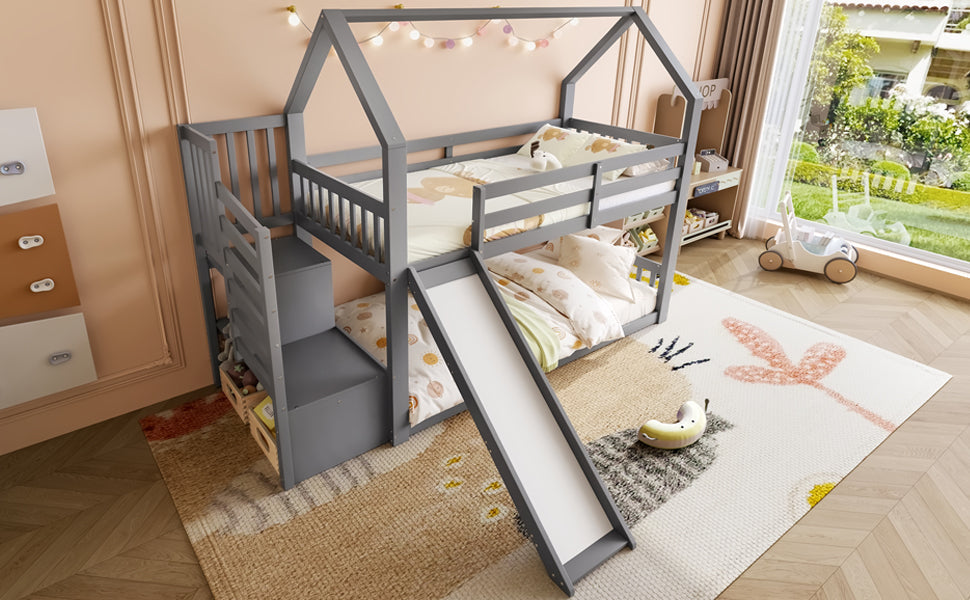 Logidon stapelbed grijs 90x200 met opbergtrap en glijbaan
