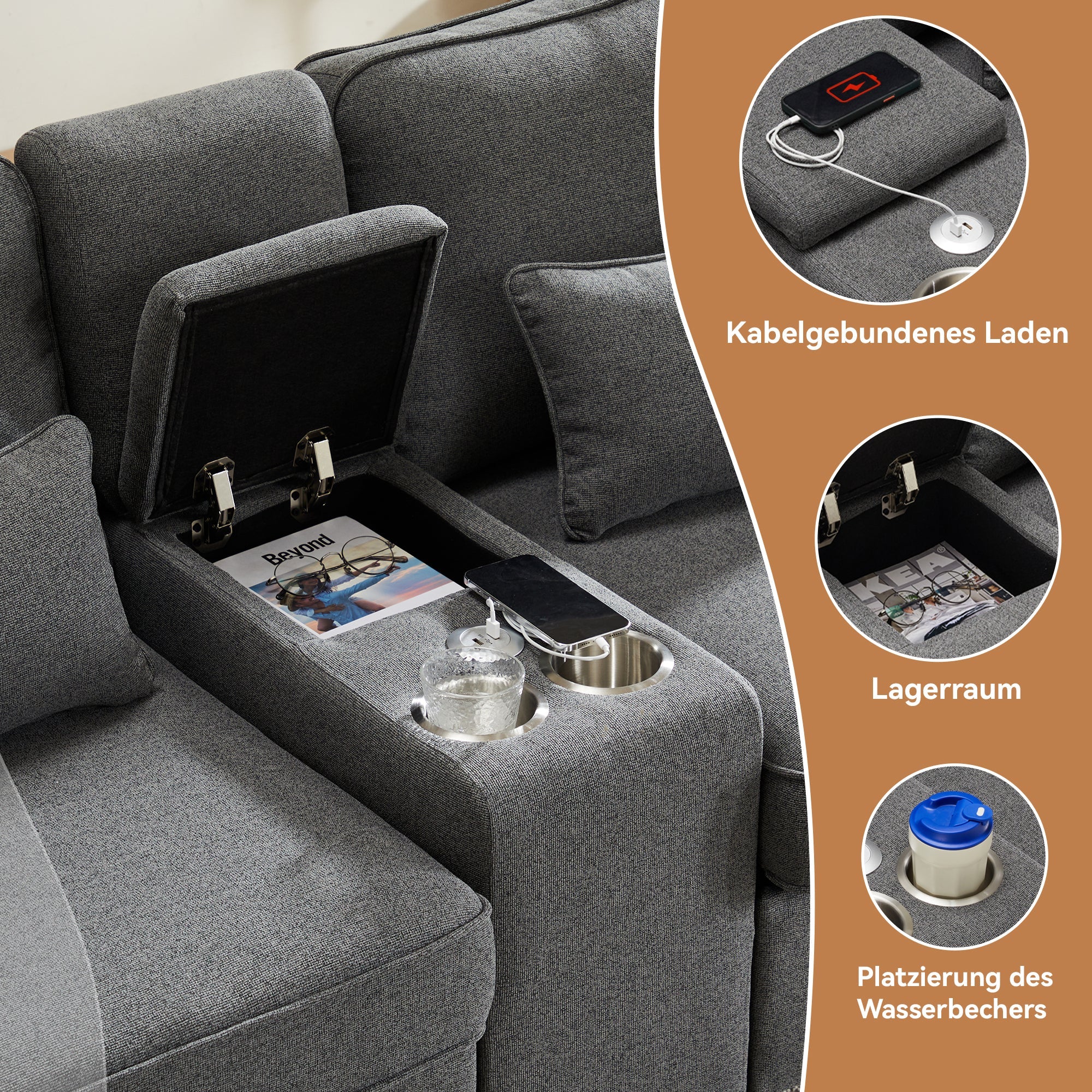 Logidon moderne 4-zits linnen bank donkergrijs met USB-oplaadpoorten