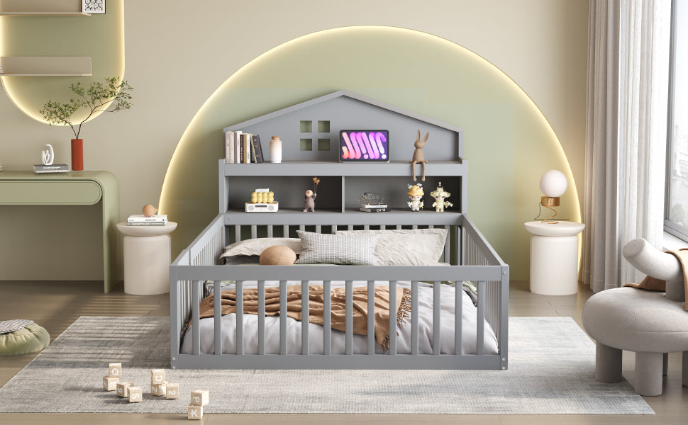 Logidon kinderbed 140x200 huisvorm massief hout grijs met opbergruimte