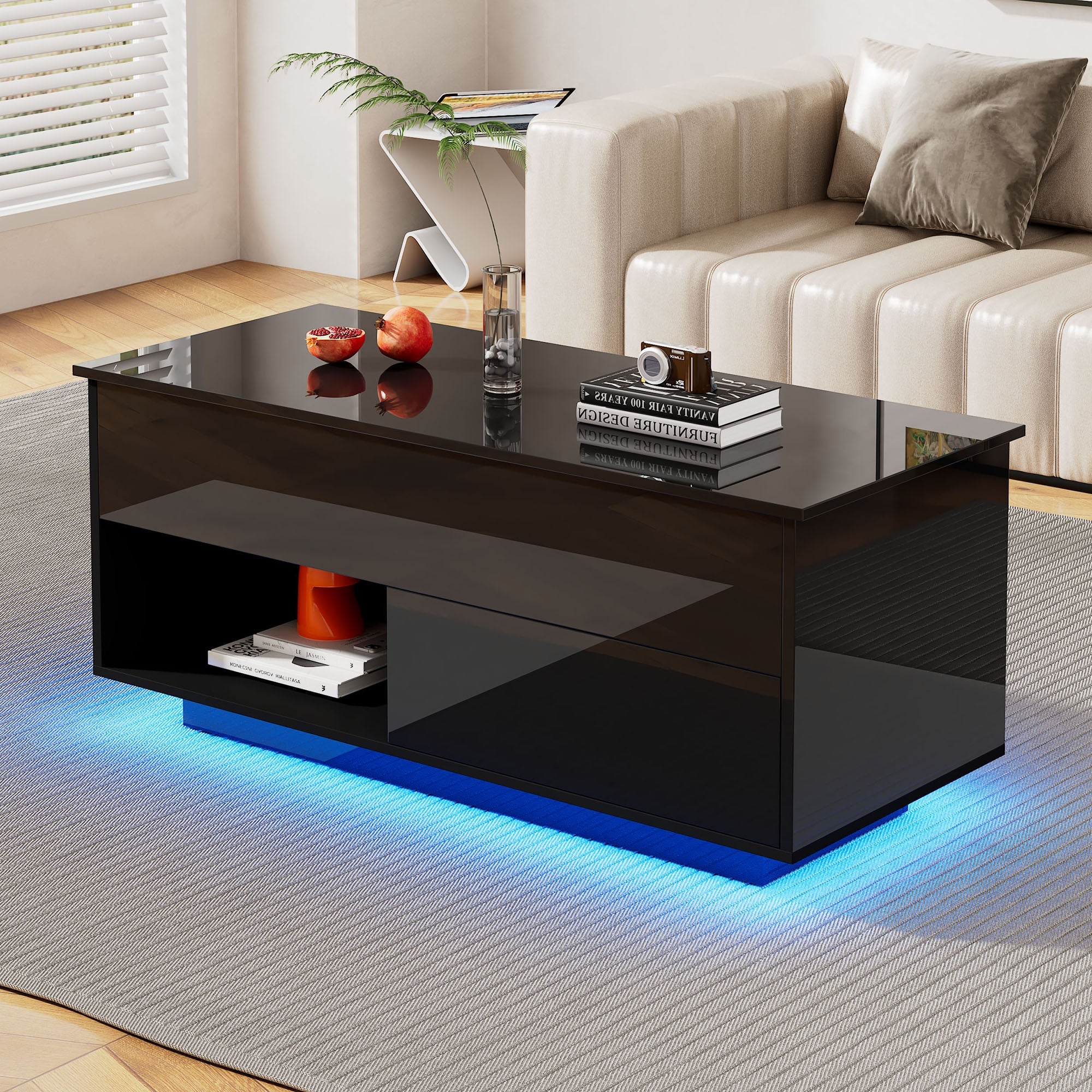Logidon hoogglans salontafel 100x50x55 cm zwart LED-verlichting