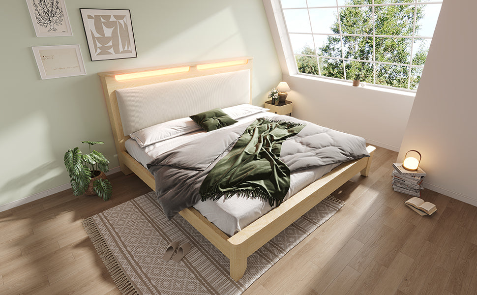 Logidon double bed 140x200 cm beige LED lighting headboard storage space