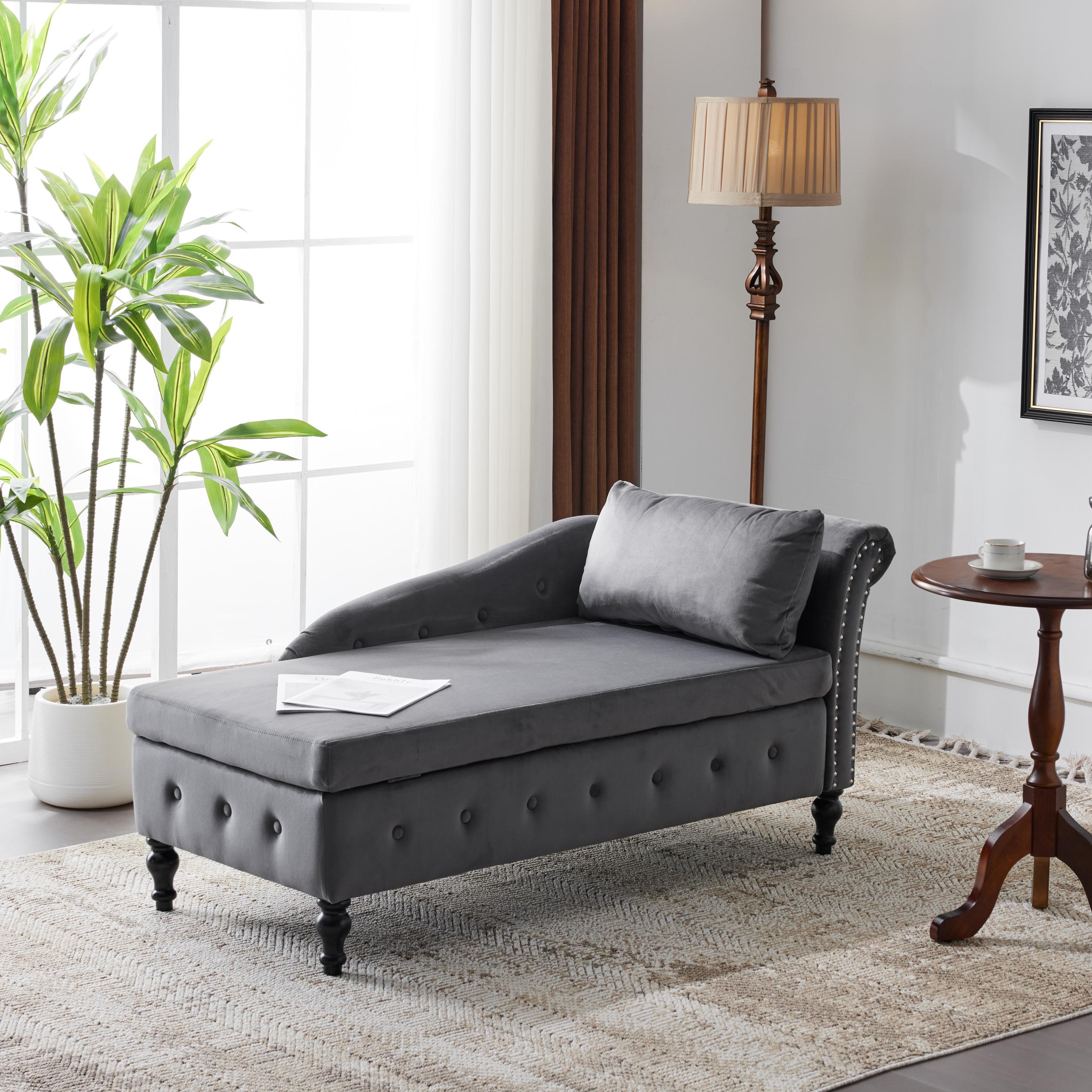 Logidon chaise longue bank grijs fluweel met opbergspijkerkop