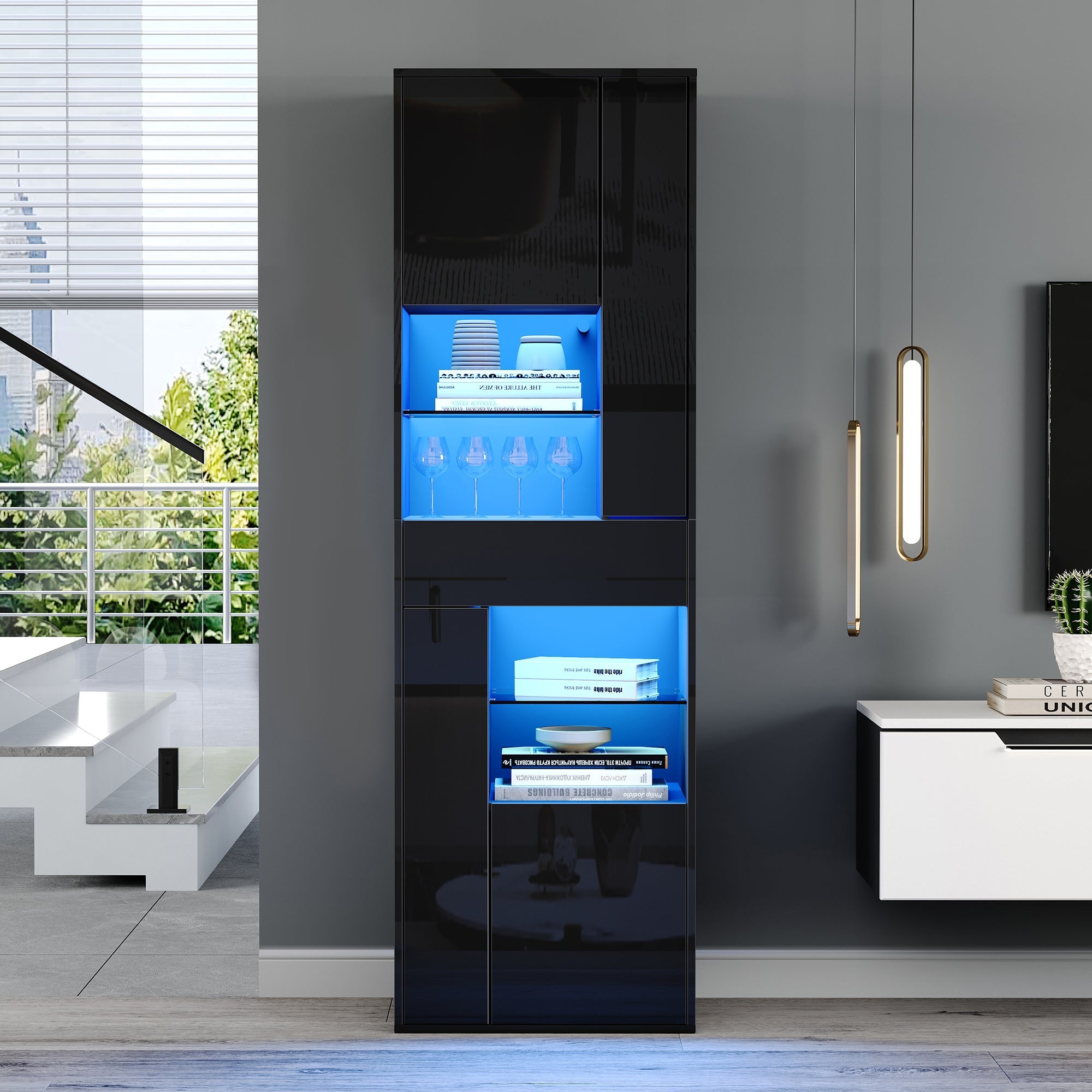 Logidon zwarte hoogglans glazen vitrine 55 x 38 x 170 cm LED-verlichting