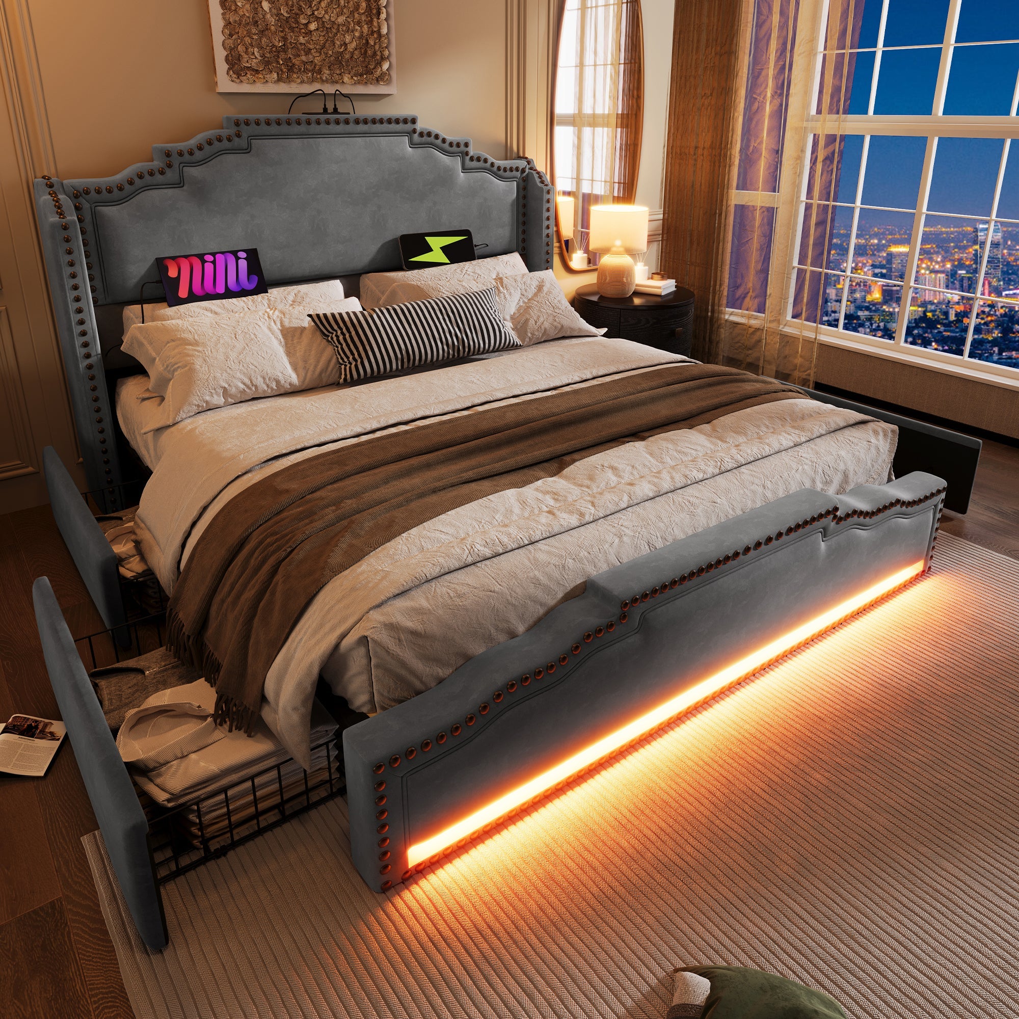Logidon gestoffeerd bed 140x200 fluweelgrijs met 4 oplaad-LED-lampjes USB C