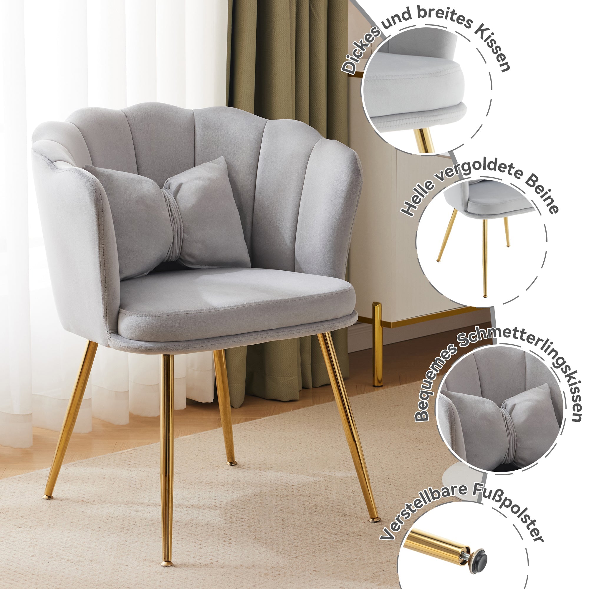 Logidon Modern Velvet Living Room Armchair Gray With Gold Legs