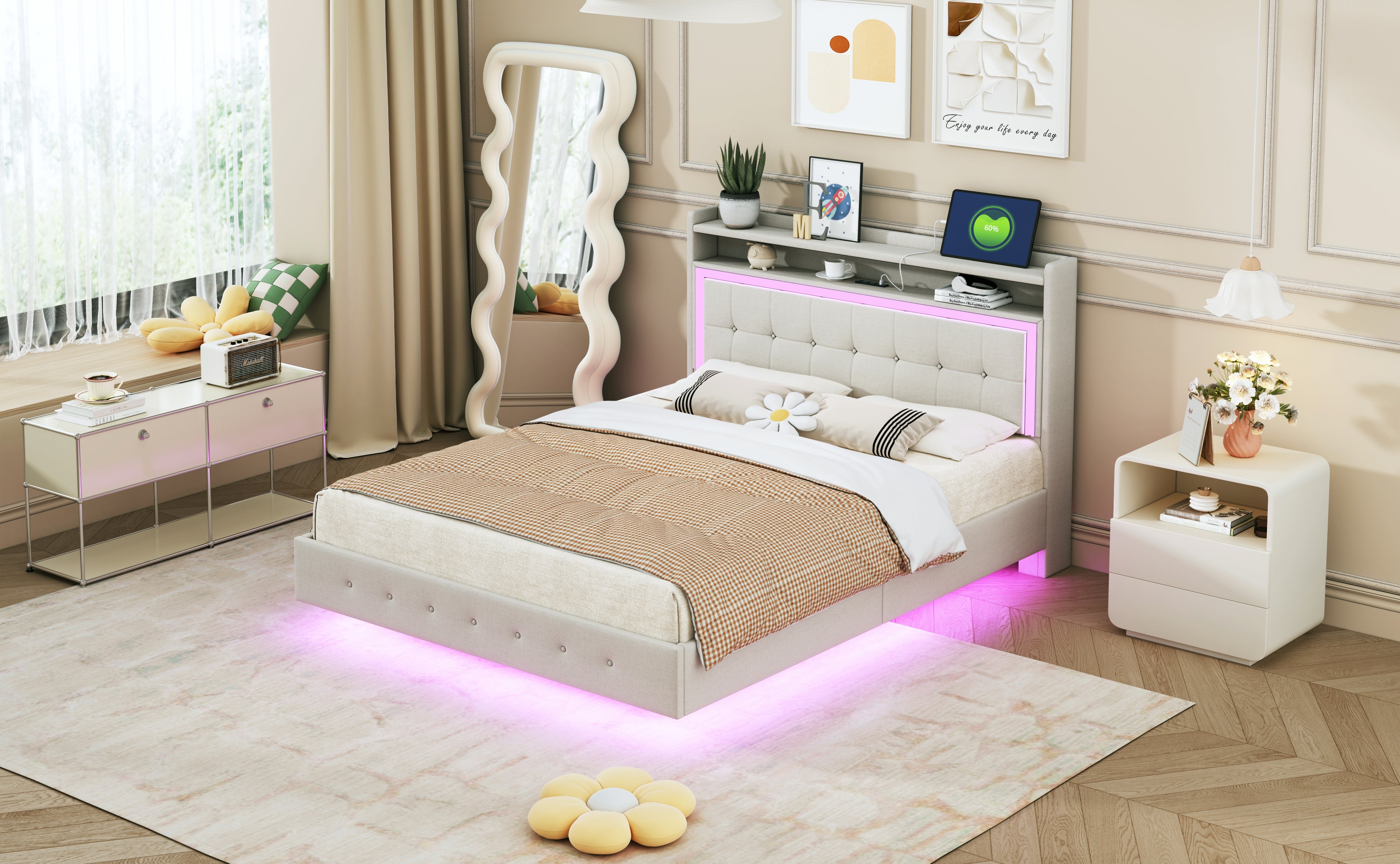 Logidon gestoffeerd bed 140x200 beige linnen met USB-aansluiting LED-verlichting
