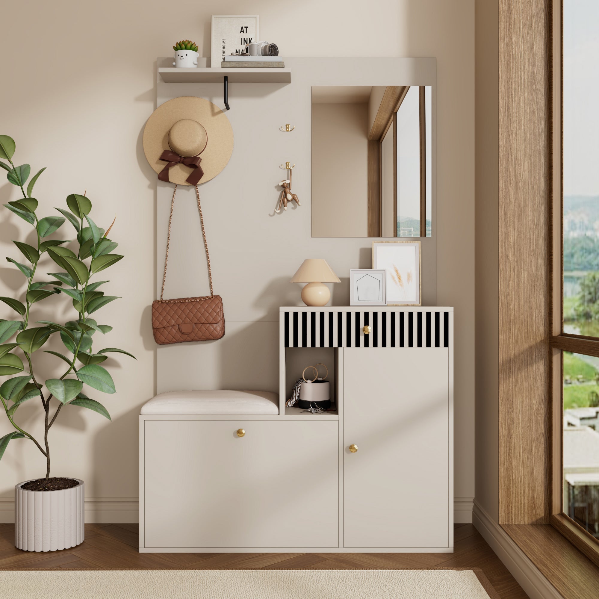 Logidon kledingkastset beige met spiegel en zitkussen 110x185x37 cm
