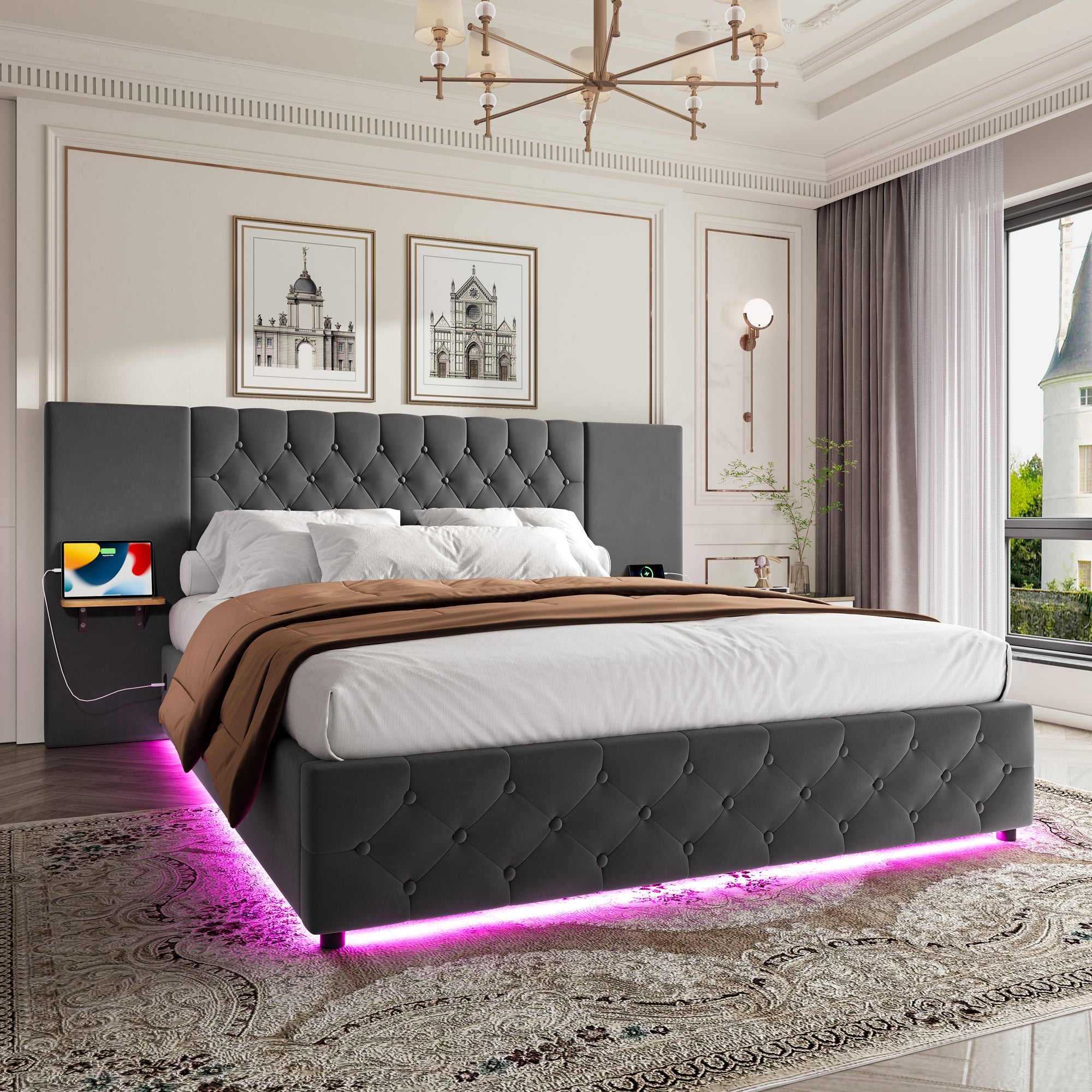 Logidon bedframe 140x200 cm grijs fluweel breed hoofdbord LED