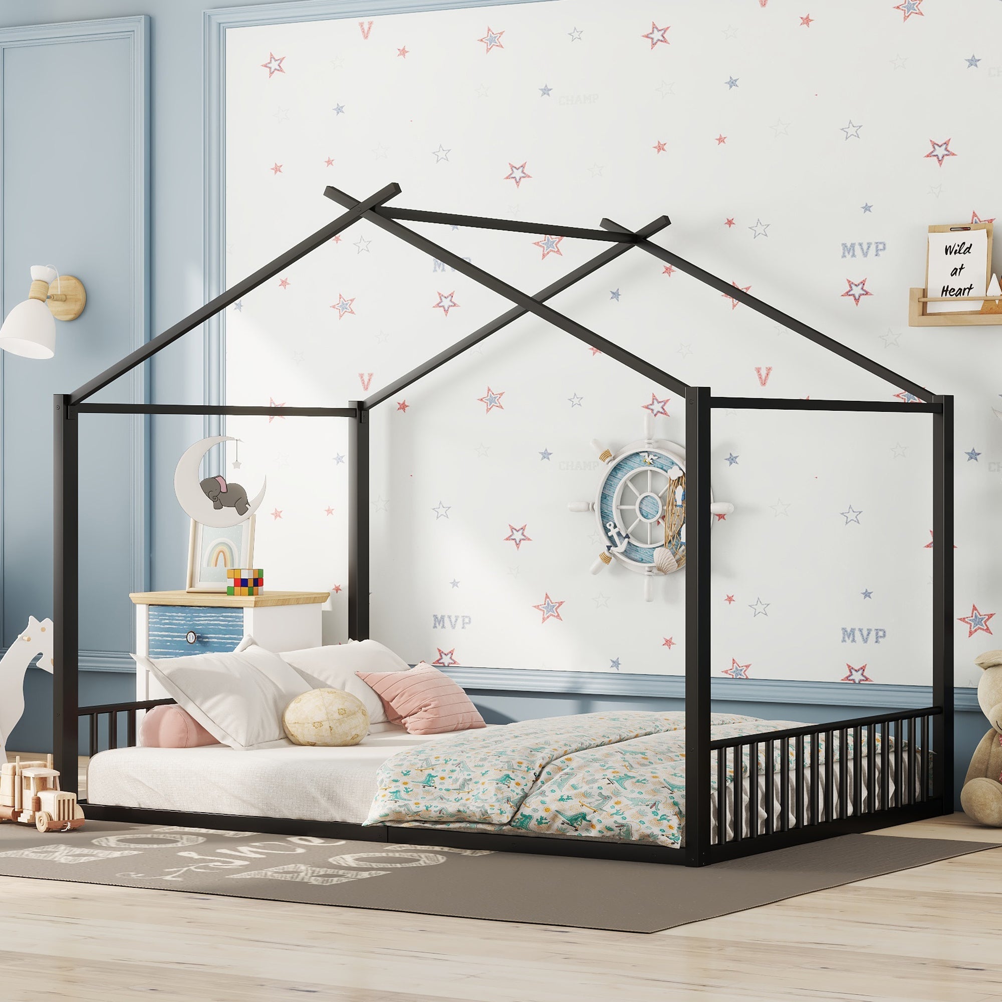 Logidon 140x200cm plat bed huisbed met ijzeren frame zwart