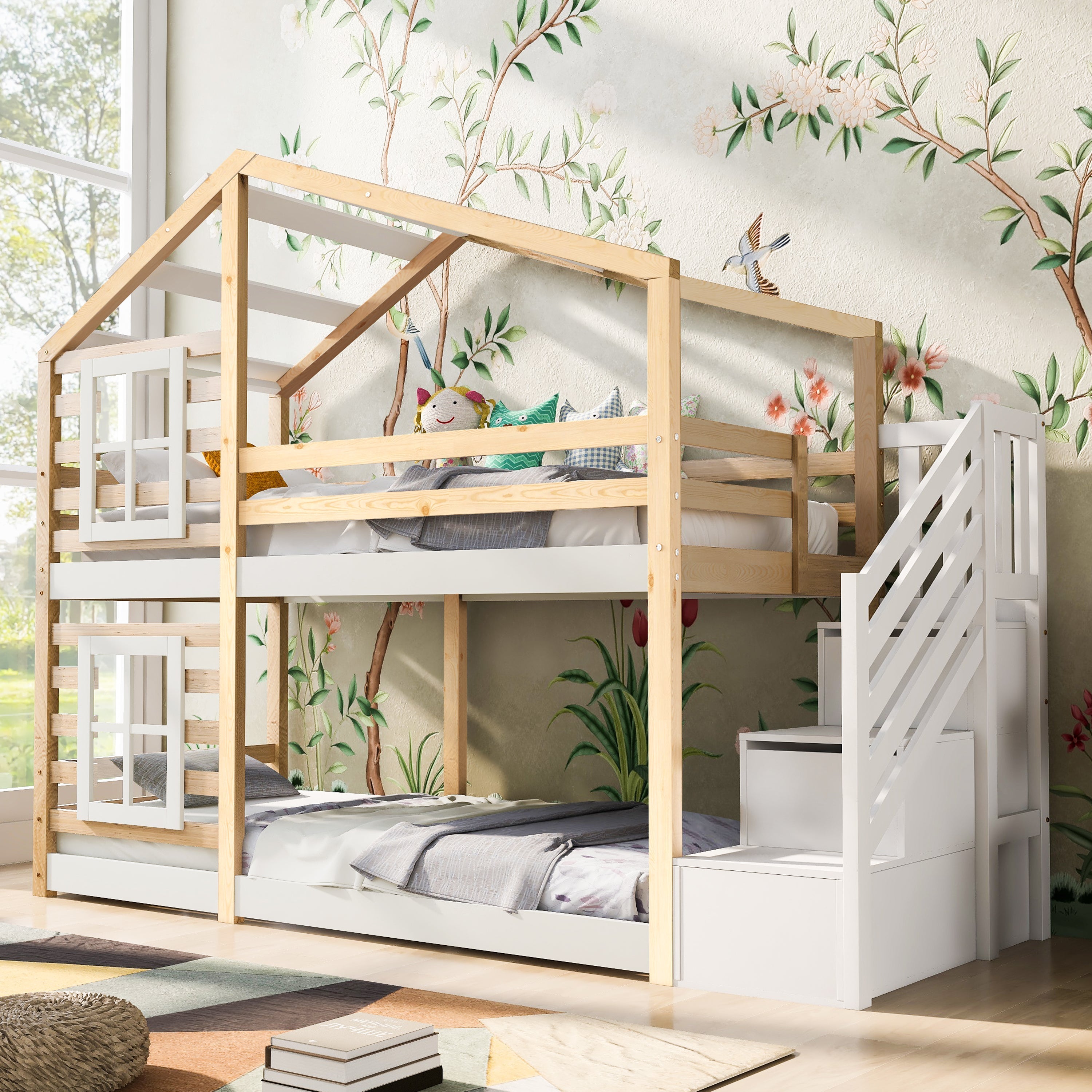 Logidon stapelbed boomhut 90x200 cm - naturel wit, 2 lattenbodems