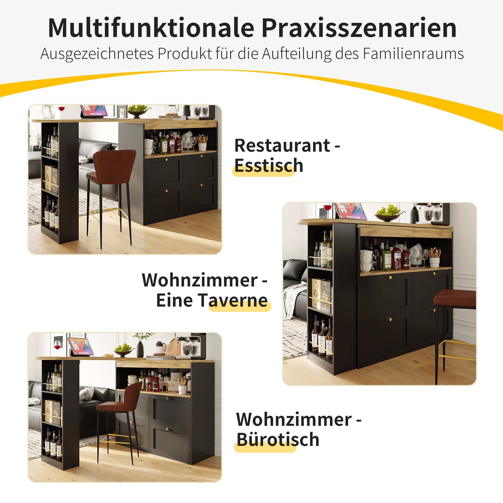 Logidon 360 graden draaibare eetbar zwart 138 cm - 4 lades