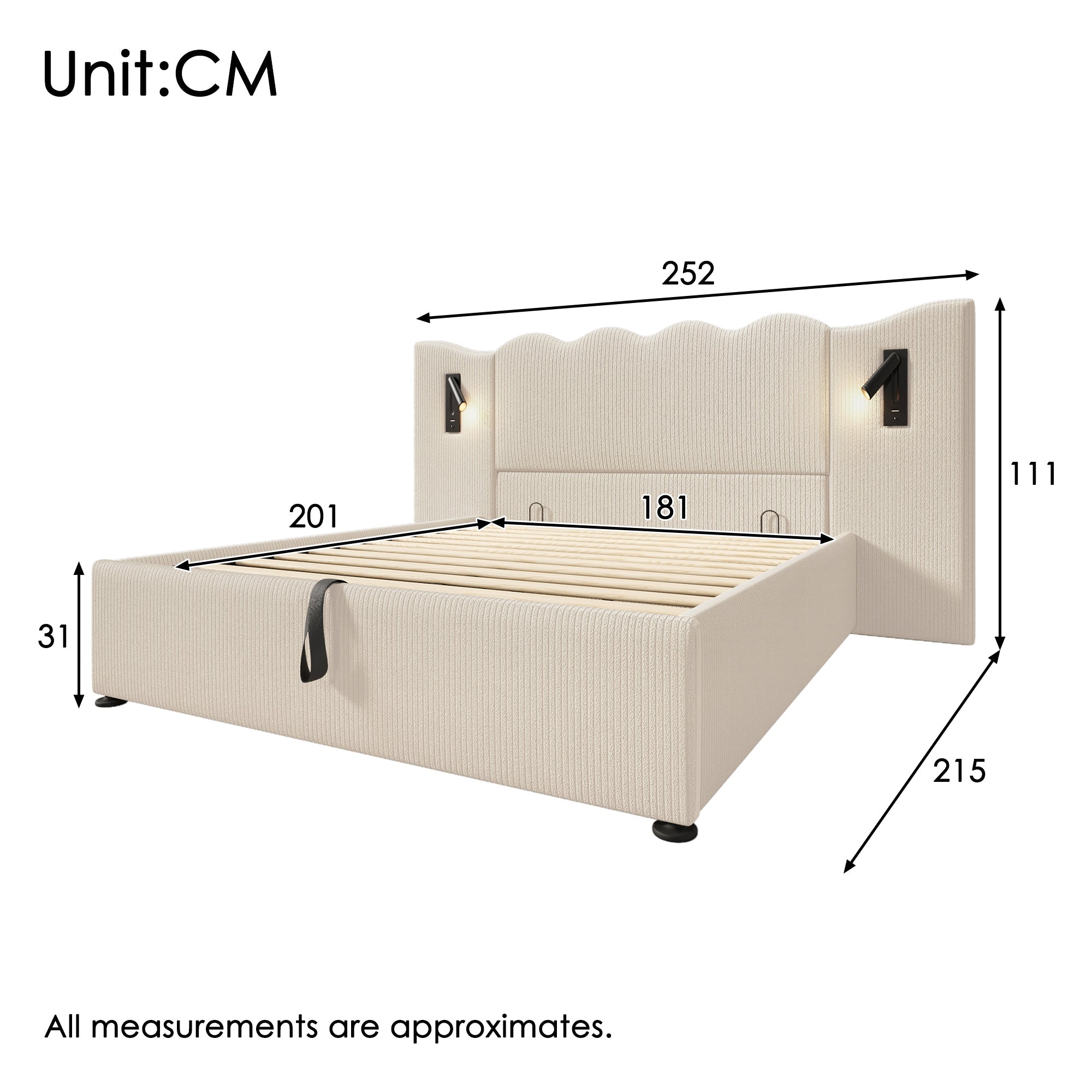 Logidon gestoffeerd bed tweepersoonsbed 180x200 beige-wit leeslamp USB-C opladen