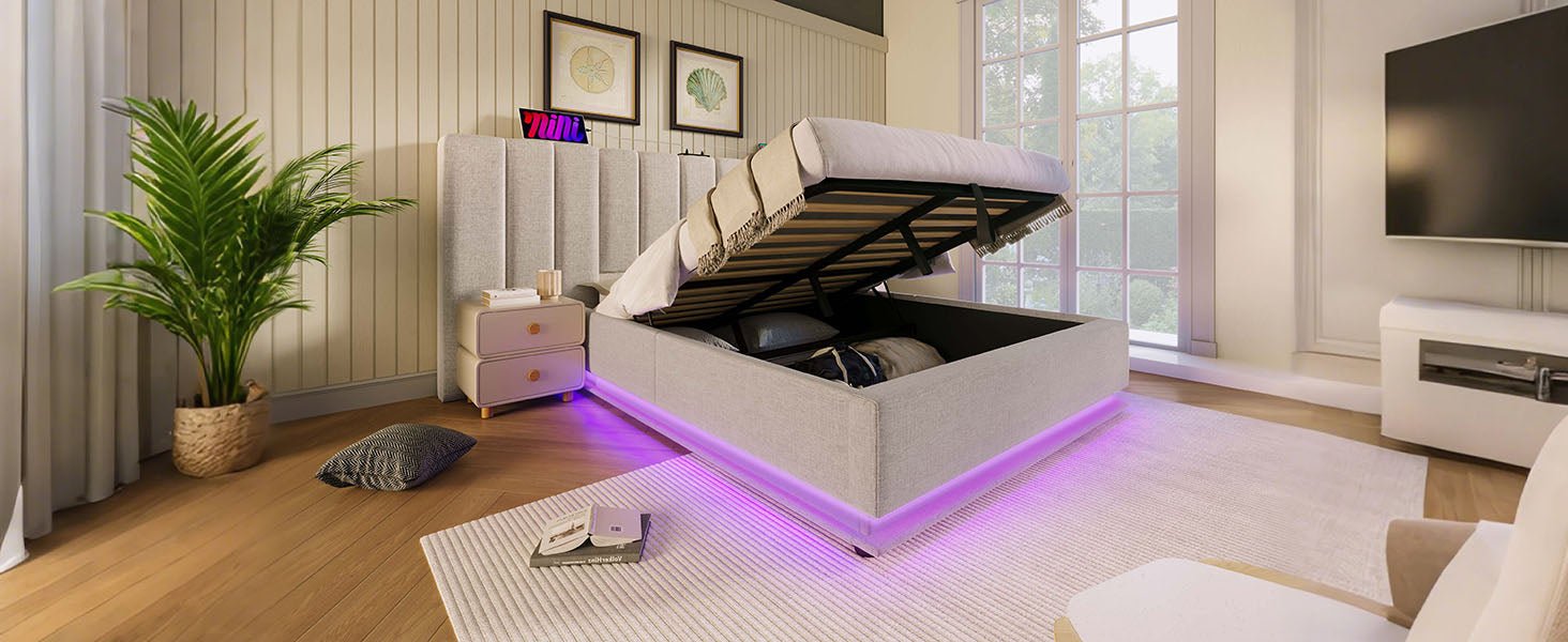 Logidon gestoffeerd bed 180x200 opbergruimte met LED USB oplaadfunctie beige