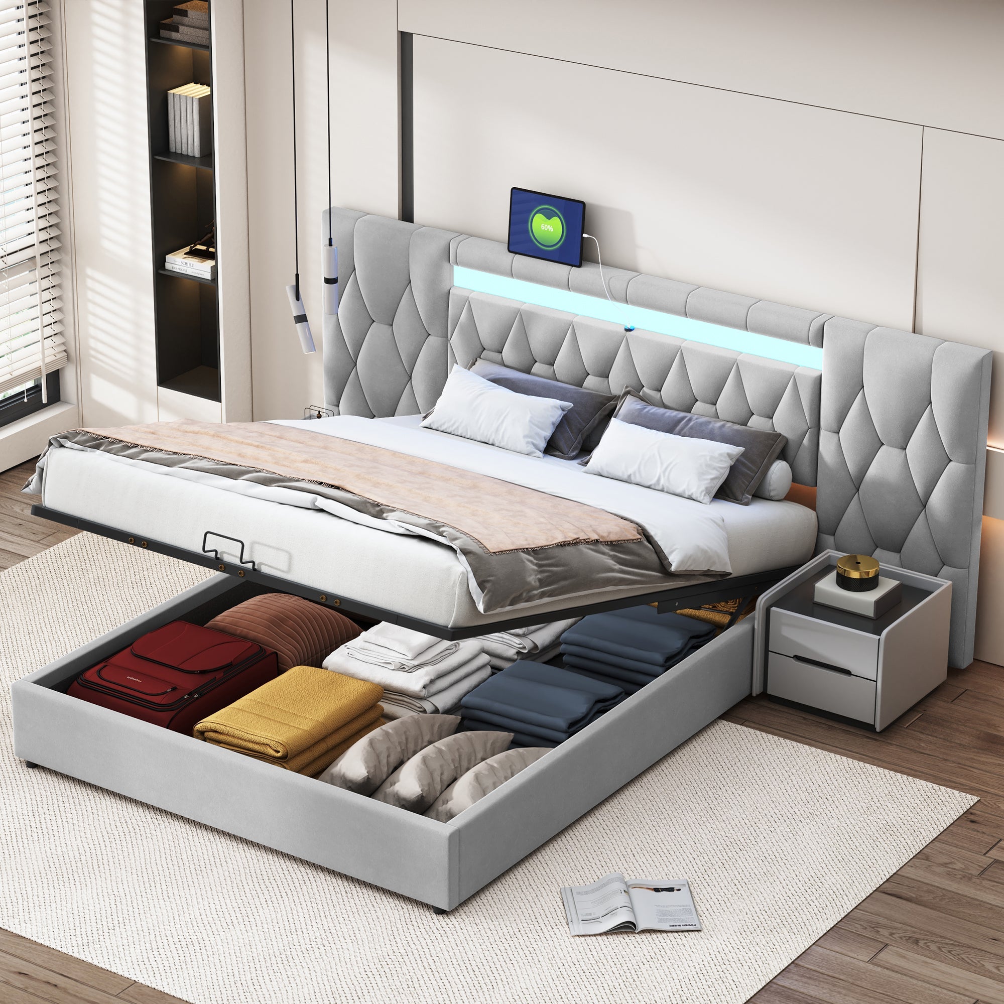 Logidon Elegant gestoffeerd bed 160x200 grijs met LED en USB opbergruimte