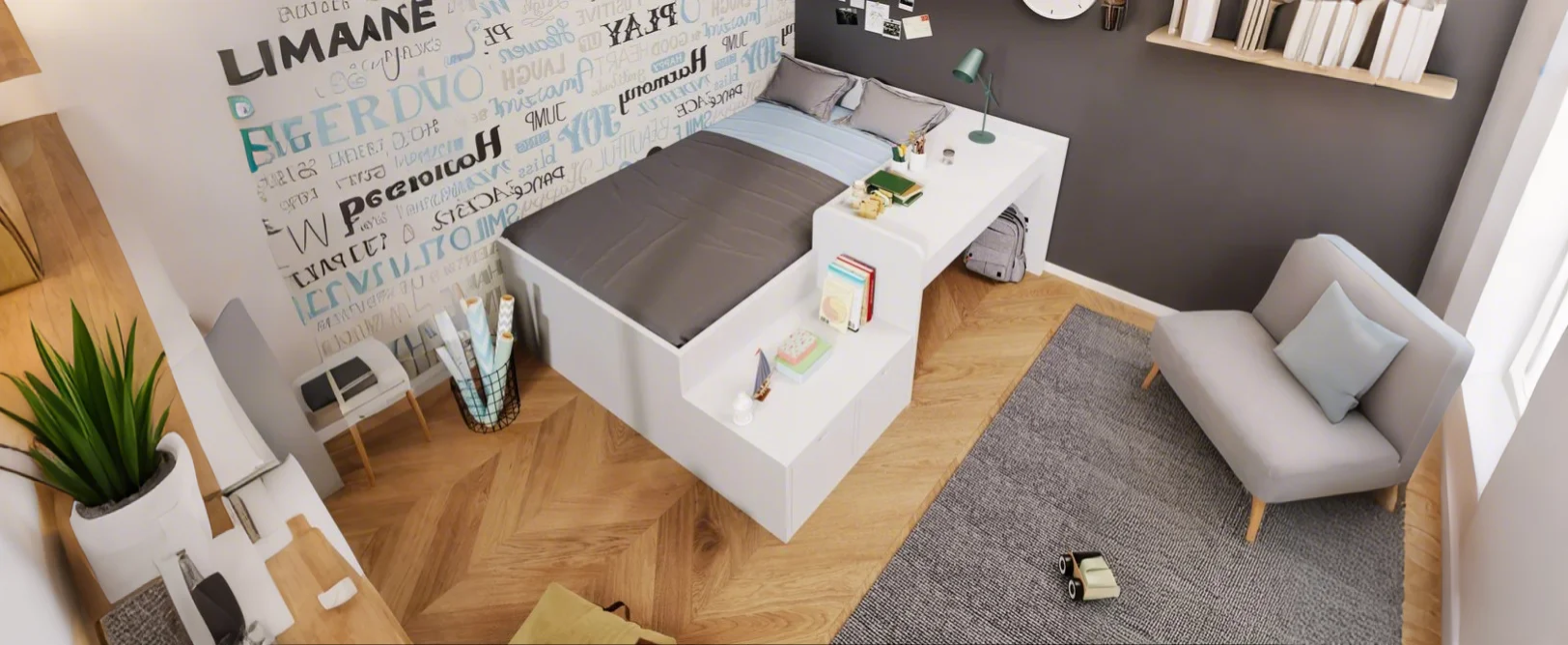 Logidon kinderbed 90x200 massief hout wit met bureau en opbergruimte