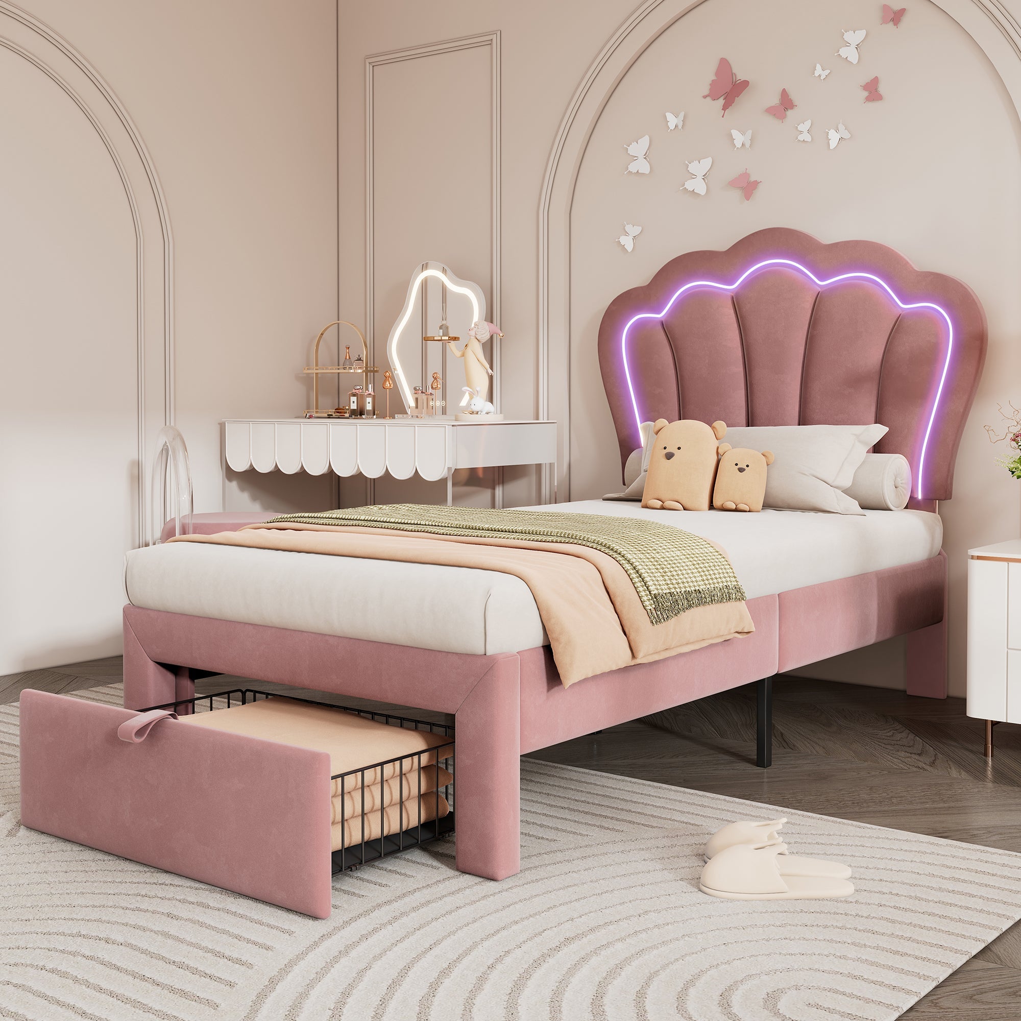 Logidon kinderbed LED 90x190 roze fluweel gestoffeerd bed met lades