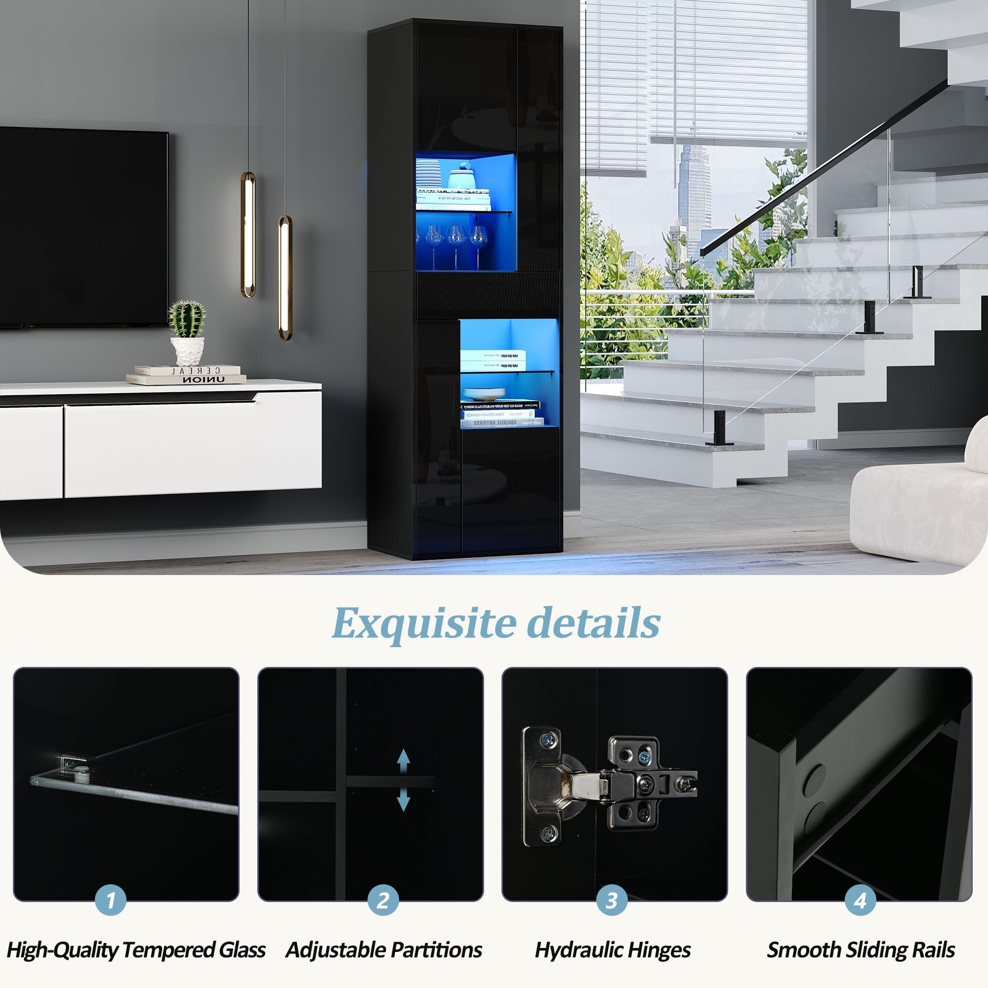 Logidon zwarte hoogglans glazen vitrine 55 x 38 x 170 cm LED-verlichting