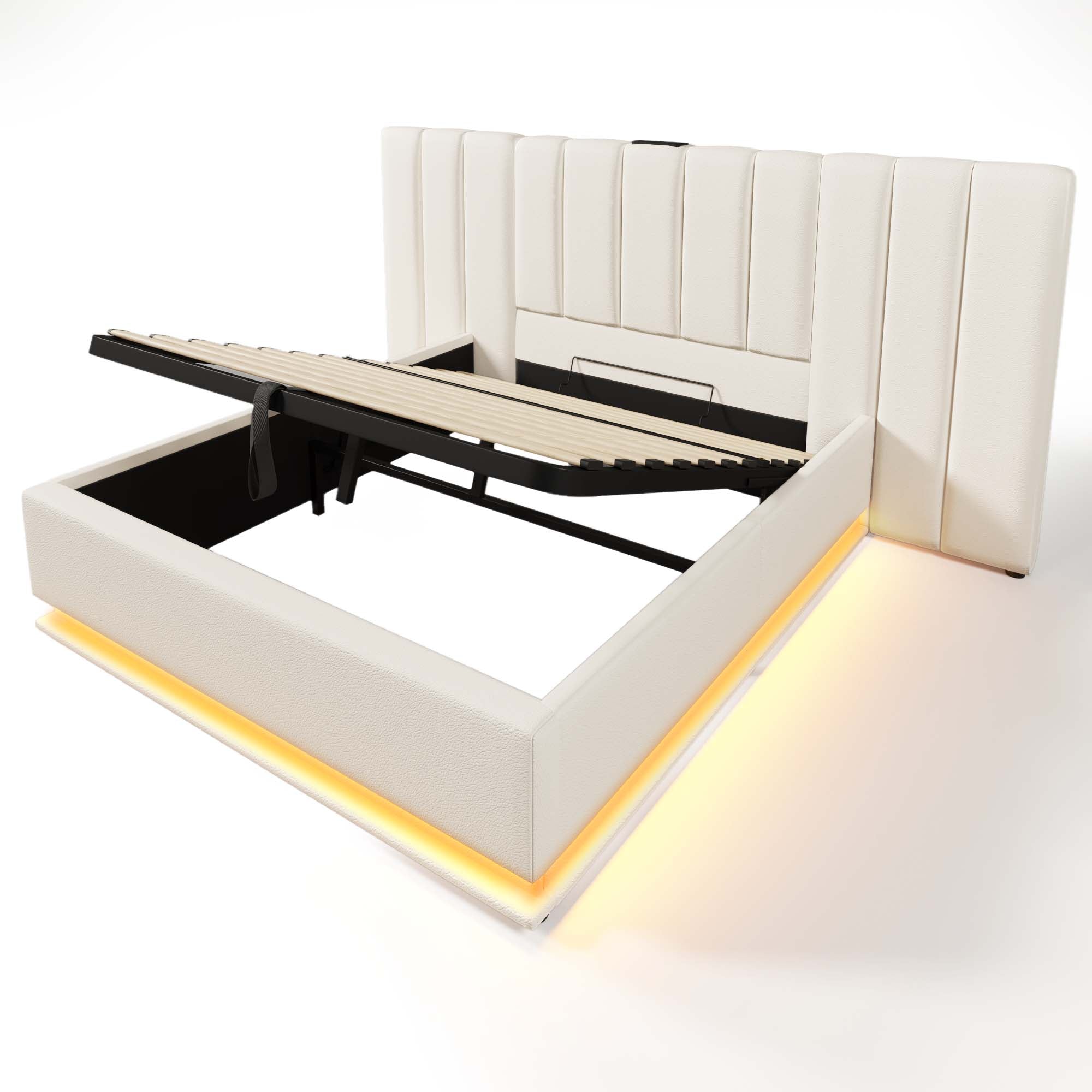 Logidon gestoffeerd bed 160x200 wit met opbergruimte en app-gestuurde LED-verlichting