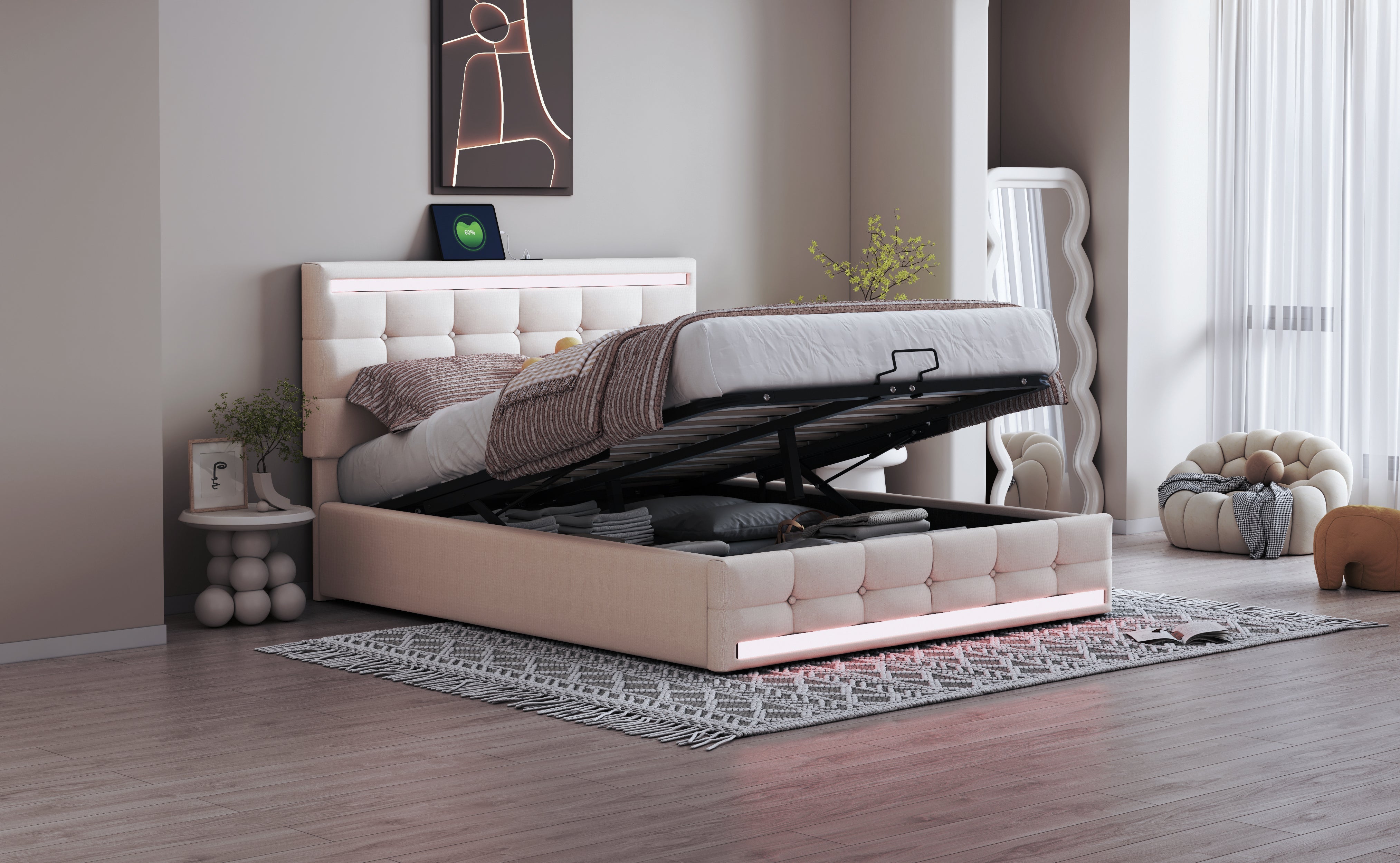 Logidon gestoffeerd bed 140x200 beige met LED verlichting en opbergruimte