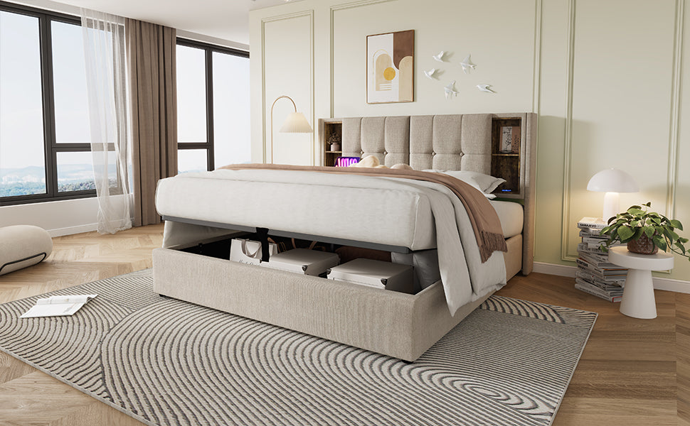 Logidon tweepersoonsbed 180x200 natuurlijk linnen draadloos opladen USB-C opslagruimte