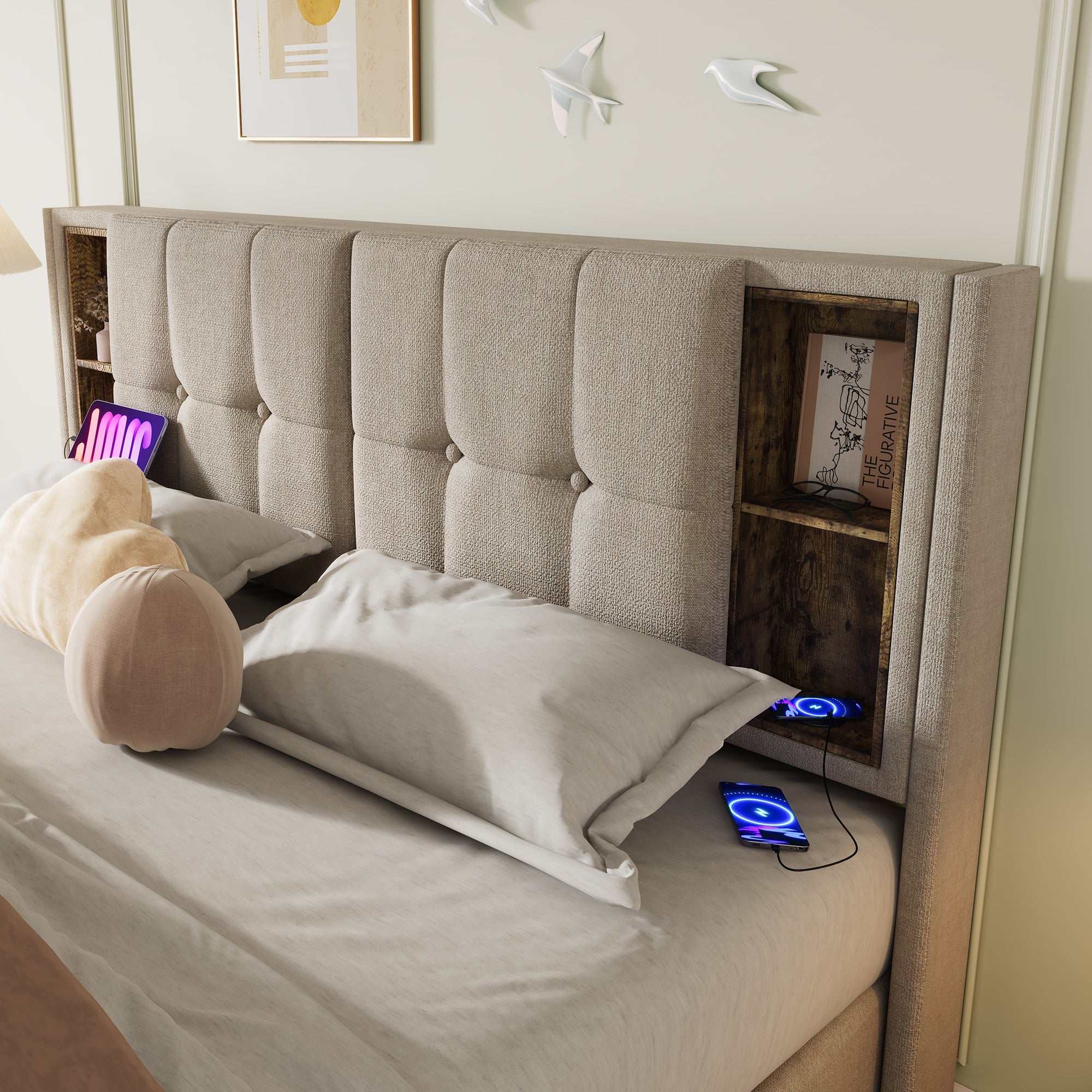 Logidon tweepersoonsbed 140x200 draadloos opladen USB C opbergruimte linnengoed