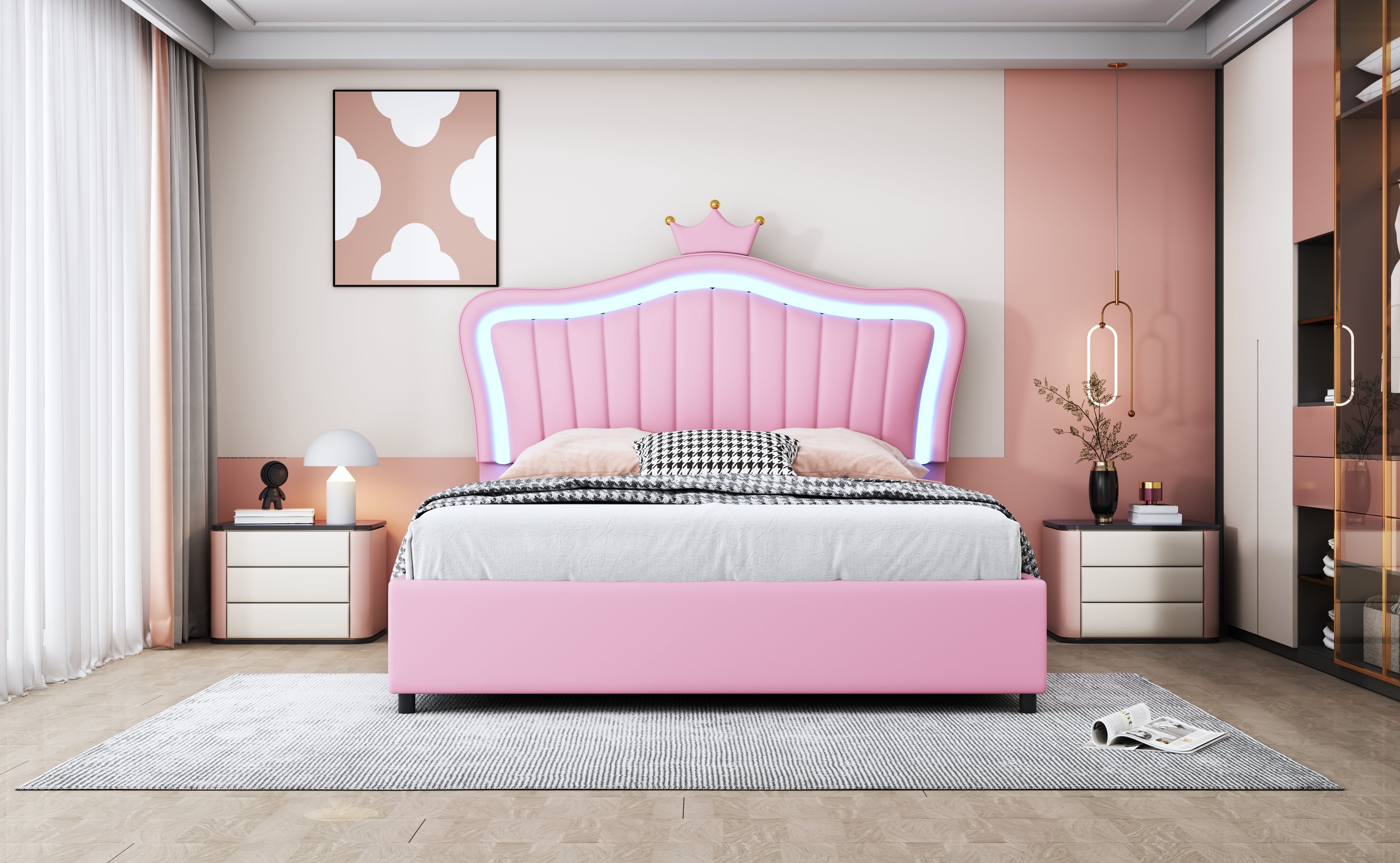 Logidon kinderbed 140x200 roze gestoffeerd bed met hydraulische opbergruimte