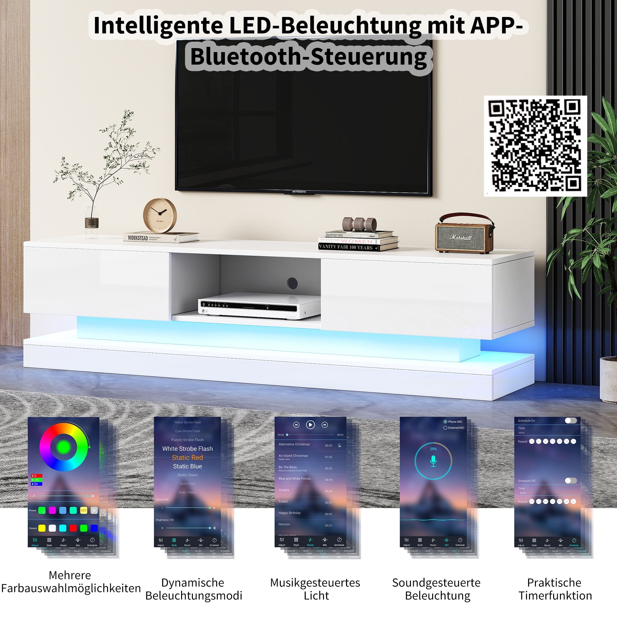 Logidon wit TV-meubel 160 cm met LED-verlichting app bediening