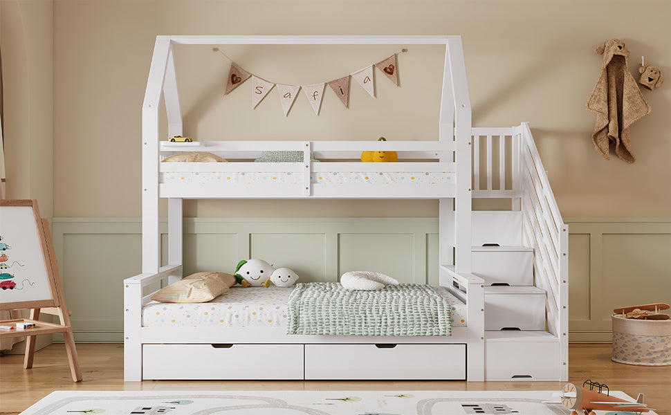 Logidon stapelbed kinderbed wit 90x200 en 140x200 met dakdesign