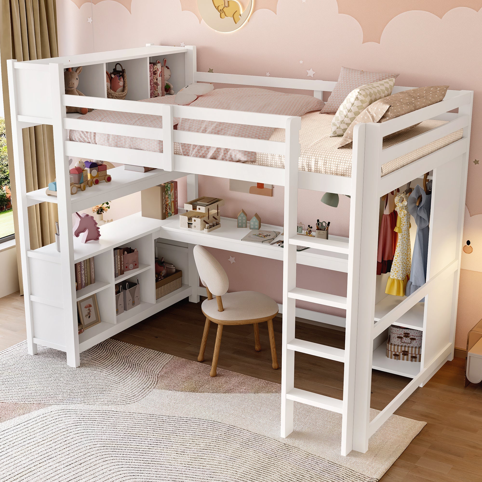 Logidon hoogslaper 140x200 cm met bureau en planken wit