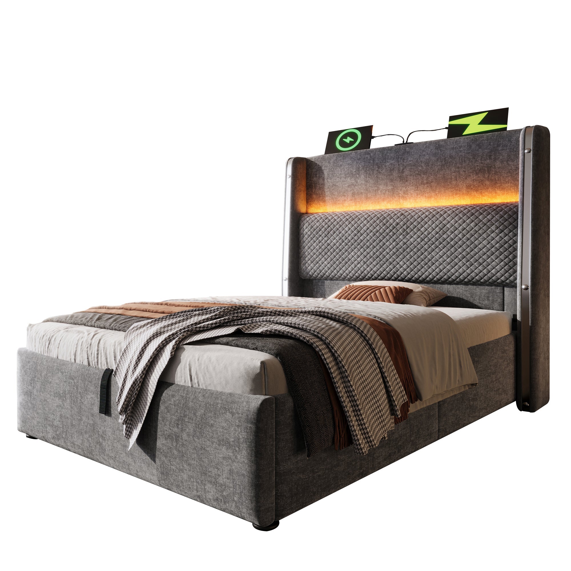 Logidon hydraulisch bed 90x200 grijs linnenlook met opbergruimte LED