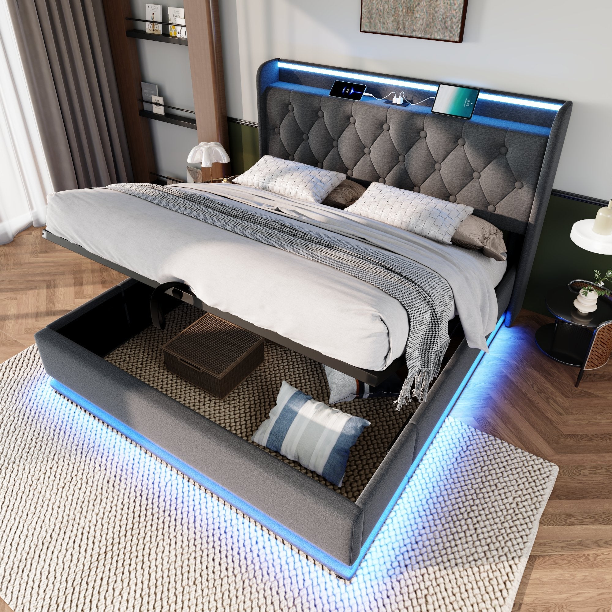 Logidon gestoffeerd bed tweepersoonsbed 180x200 cm grijs linnen LED-verlichting USB C