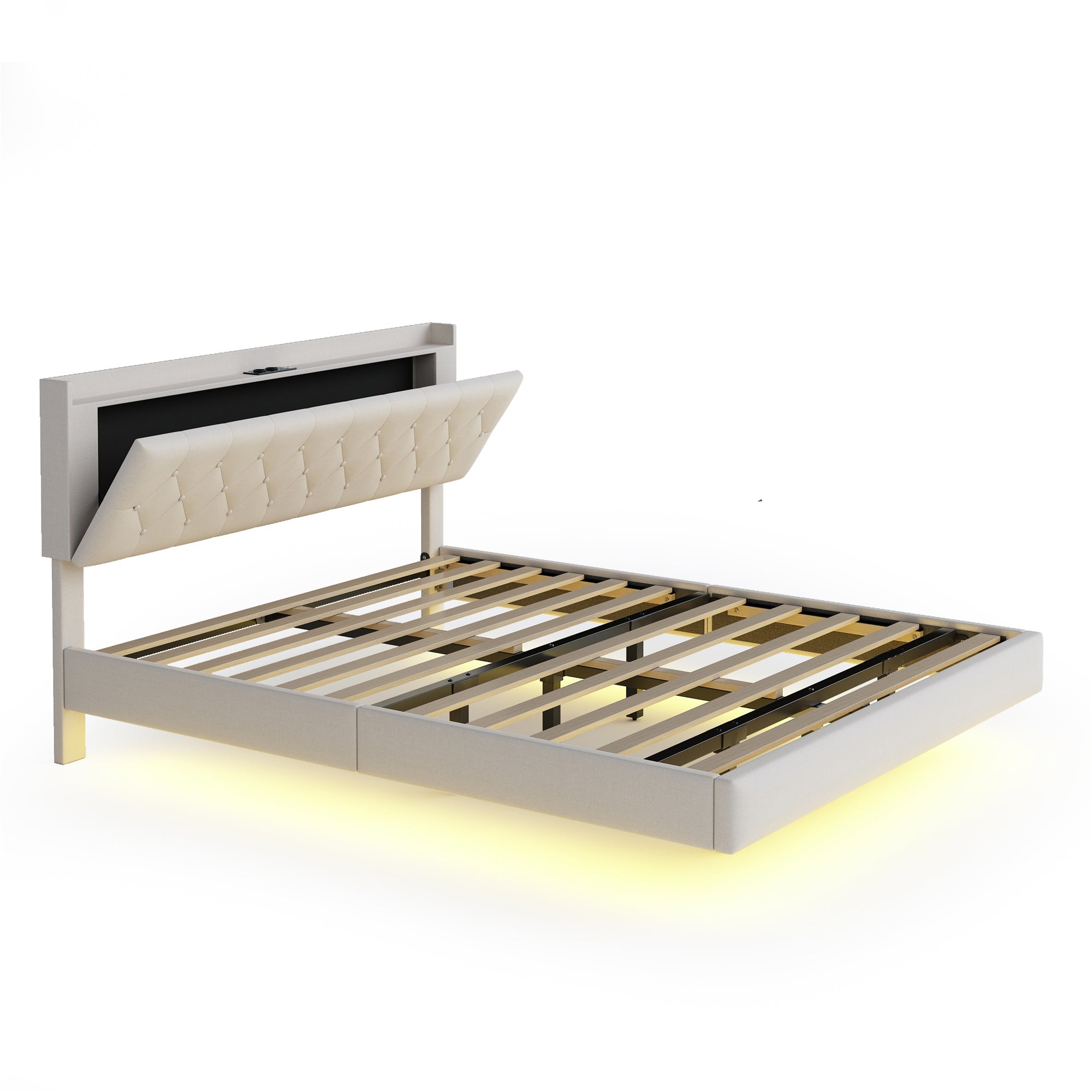 Logidon gestoffeerd bed 140x200 cm beige USB-oplaadpoort LED-lichtstrip