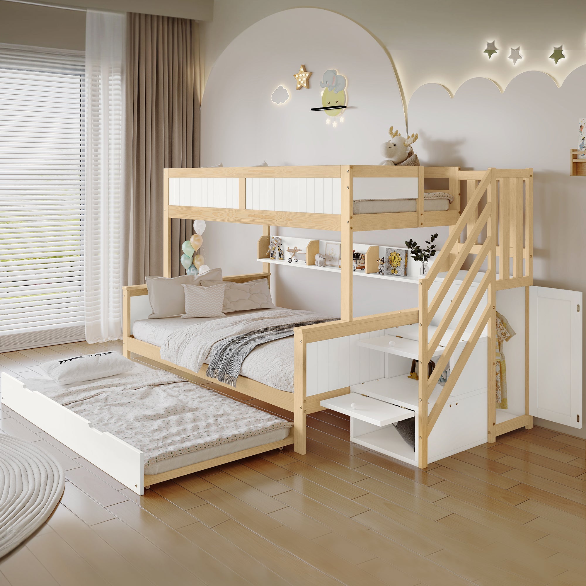 Logidon stapelbed naturel raster hoektrap onderschuifbed 90x200 120x200