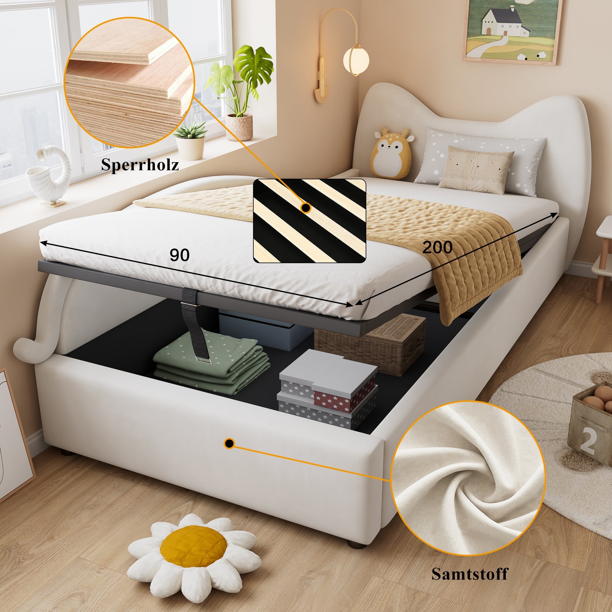 Logidon gestoffeerd kinderbed 90x200 beige kattendesign met opbergruimte