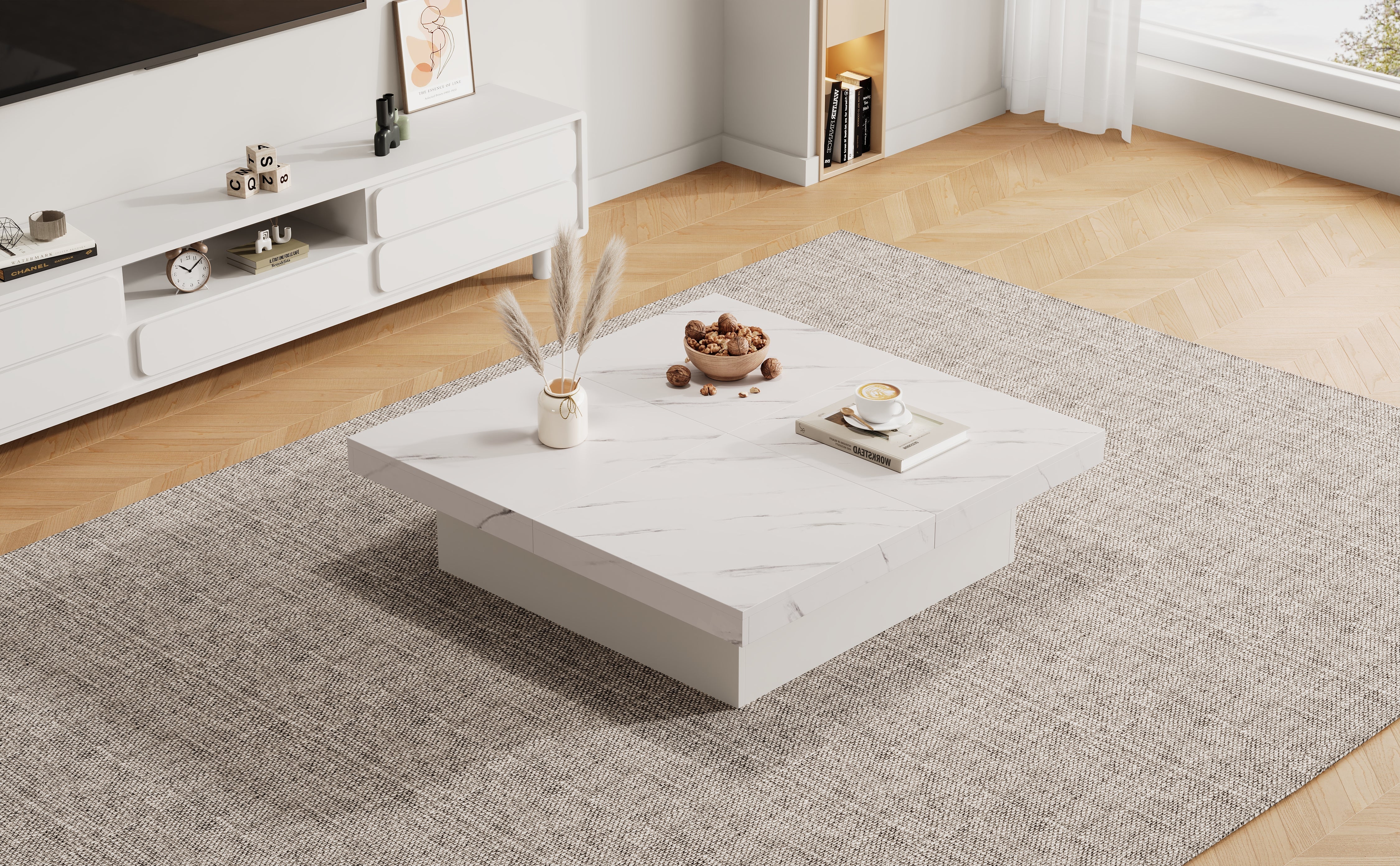 Logidon vierkante salontafel wit marmerlook 90x90x25 cm met lades