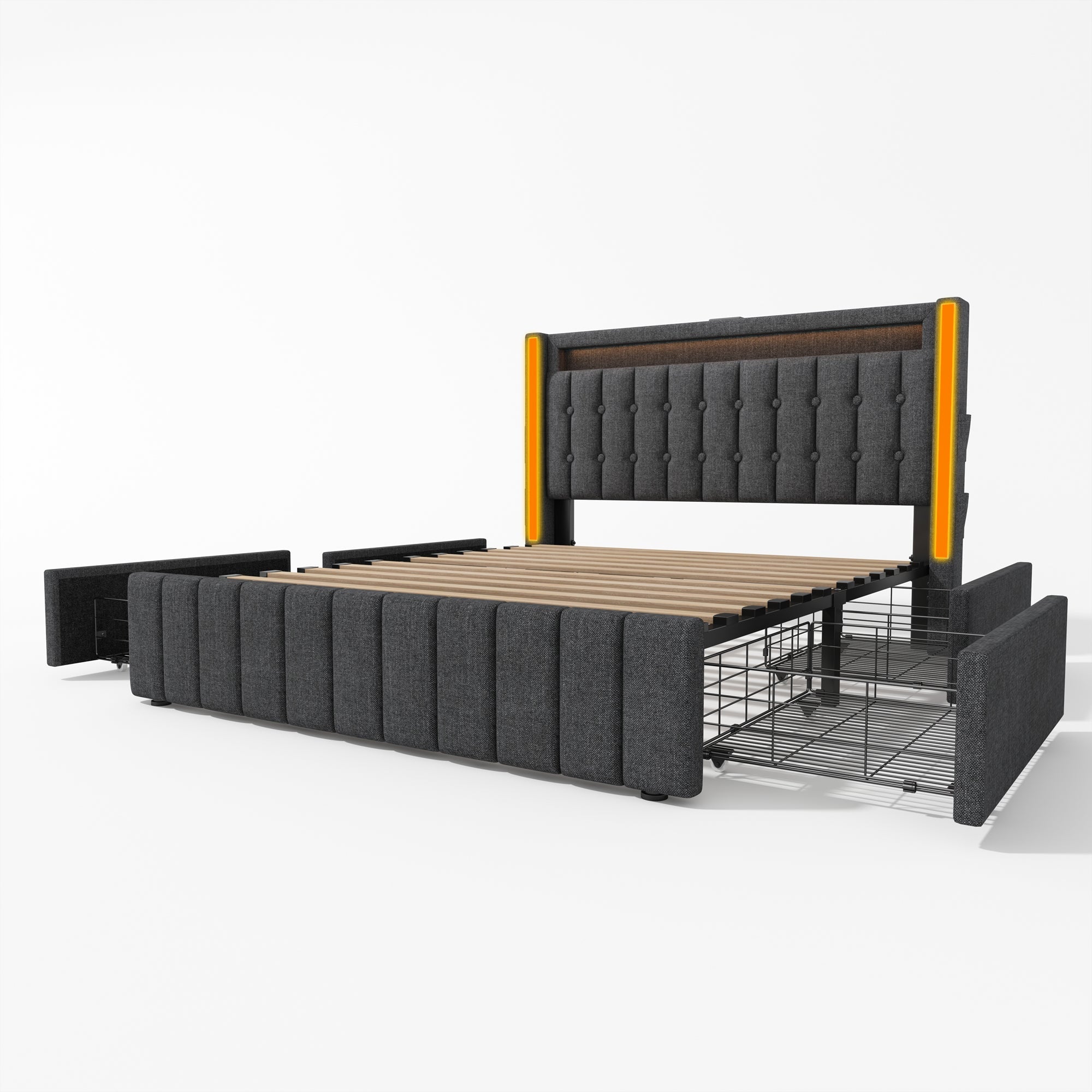 Logidon gestoffeerd bed 140x200 met USB C LED verlichting 4 vakken grijs