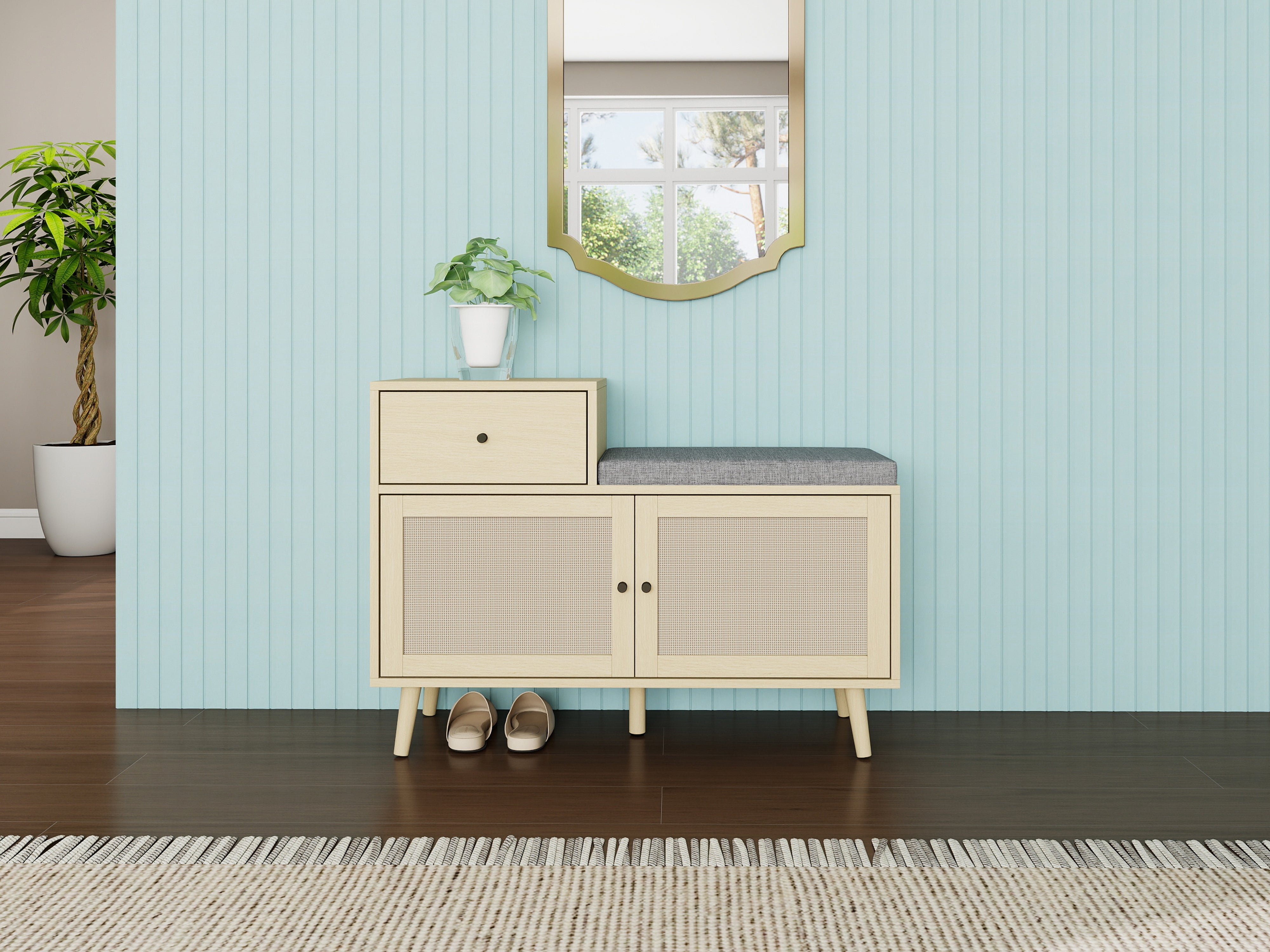 Logidon Boho shoe bench with rattan doors and drawer 90x35x65 cm