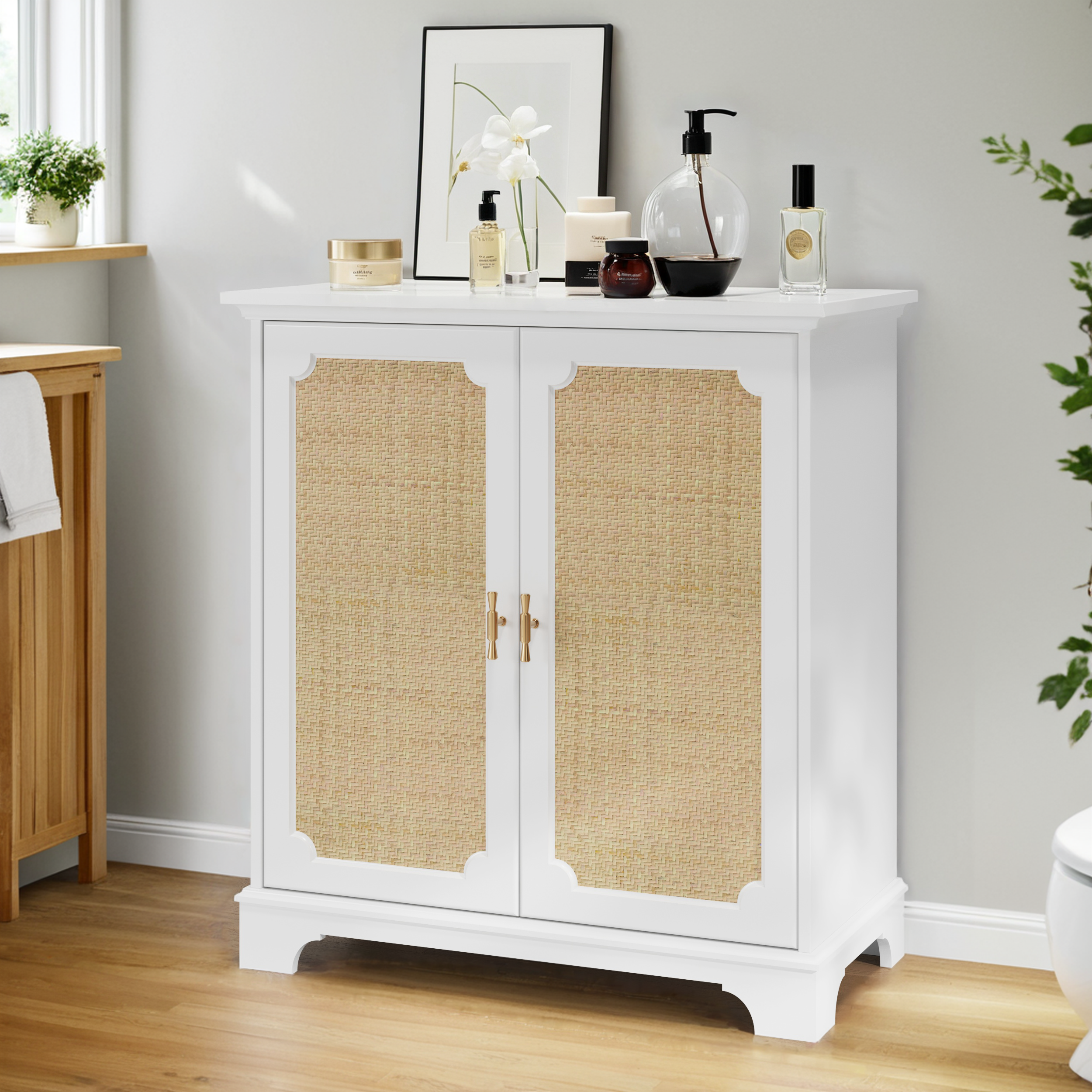 Logidon Dressoir Wit 80x38x86 cm met rotan sierdeuren