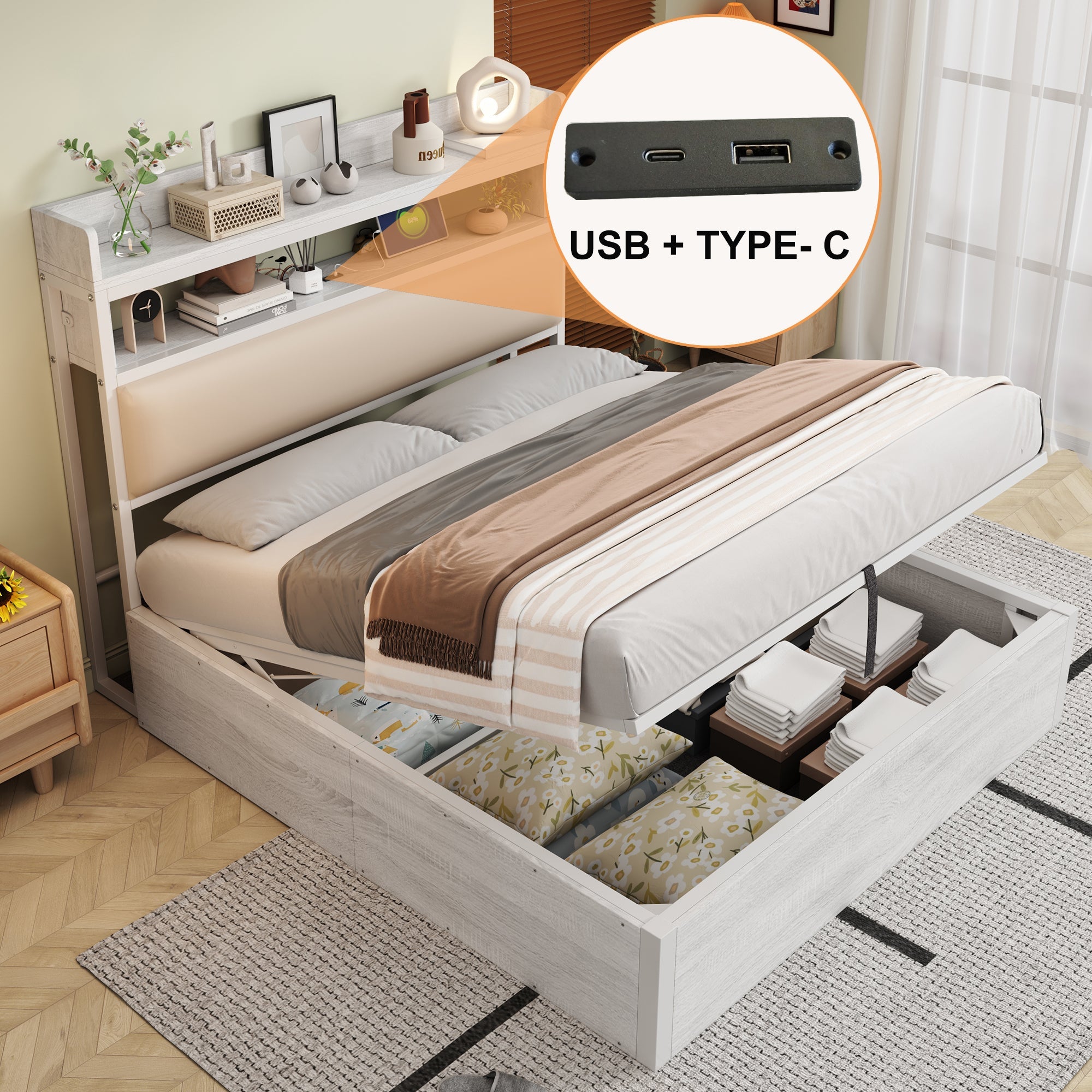 Logidon bedframe 140x200 cm met hydraulische opbergruimte USB hoofdbord wit